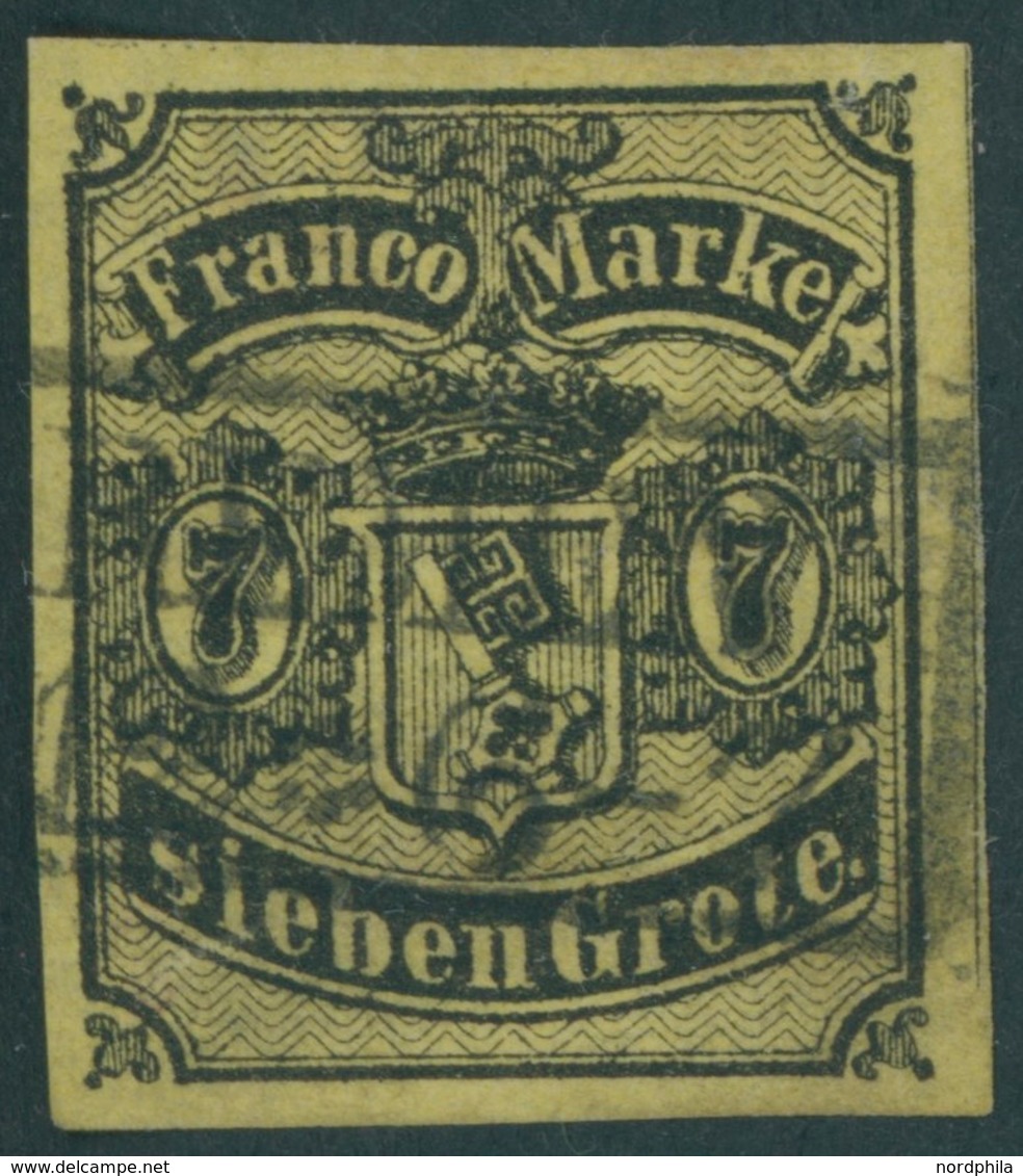 BREMEN 3b O, 1860, 7 Gr. Schwarz Auf Gelboliv, Punkthelle Stelle Sonst Voll-breitrandig Pracht, Signiert Thier, Mi. 1100 - Bremen