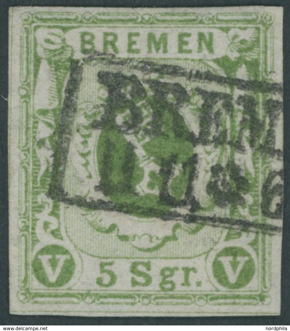 BREMEN 4a O, 1859, 5 Sgr. Gelbgrün, Pracht, Signiert Gebr. Senf, Mi. 380.- - Brême