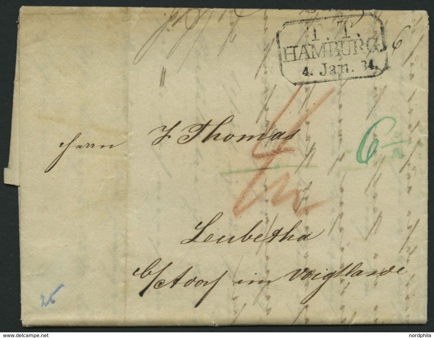 HAMBURG TT PA 1834, T.T. HAMBURG, R3 Auf Brief Nach Leubetha Im Voigtlande, Pracht - Prephilately