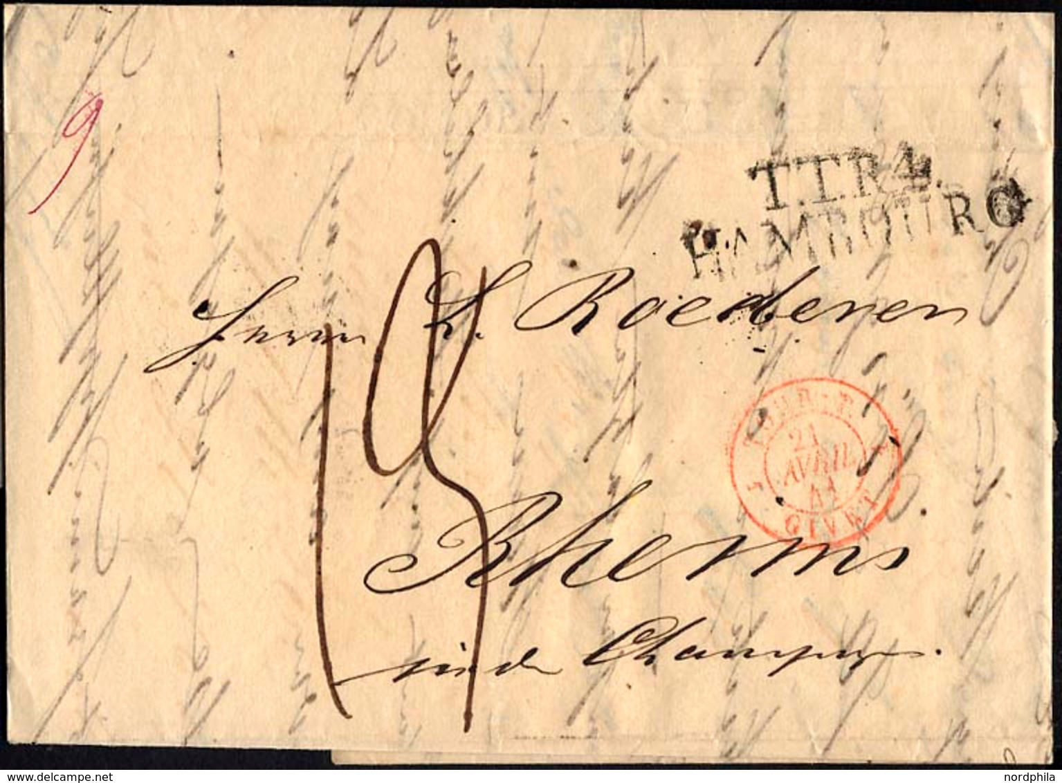 HAMBURG - THURN UND TAXISCHES O.P.A. 1841, TT.R.4. HAMBOURG, L2 Auf Forwarded-Letter Von Göteburg Nach Rheims, Roter Tou - Precursores