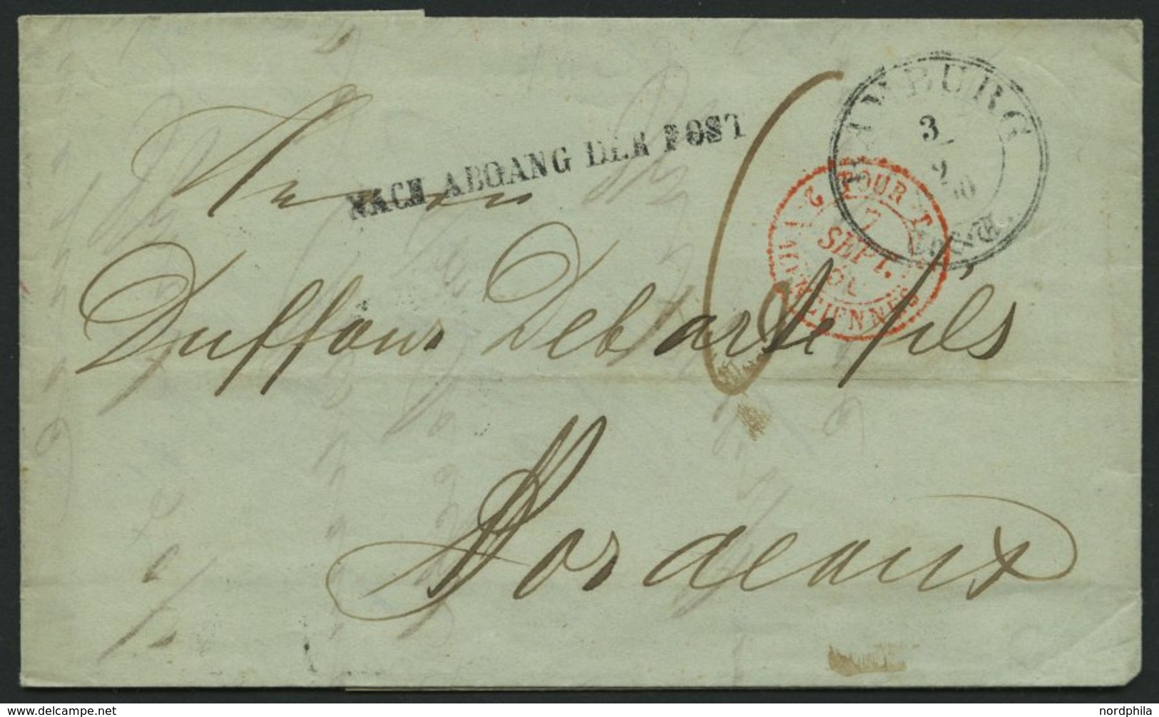 HAMBURG - THURN UND TAXISCHES O.P.A. 1850, HAMBURG Th.& T., K3 Auf Brief Nach Bordeaux, Forwarded-Letter Von Nottebohm & - Prephilately