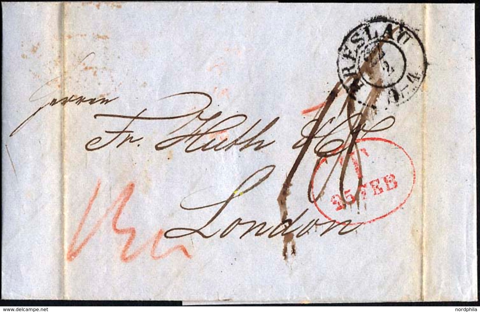 HAMBURG - GRENZÜBERGANGSSTEMPEL 1845, T 25 FEB, In Rot Auf Brief Von BRESLAU Nach London, Rückseitiger Durchgangsstempel - Prephilately