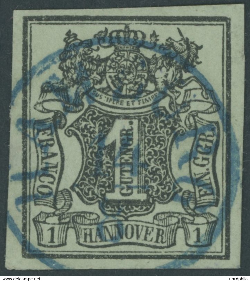 HANNOVER 2b O, 1851, 1 Ggr. Schwarz Auf Meergrün, Zentrischer Blauer K1 HAMBURG, Kabinett - Hanover