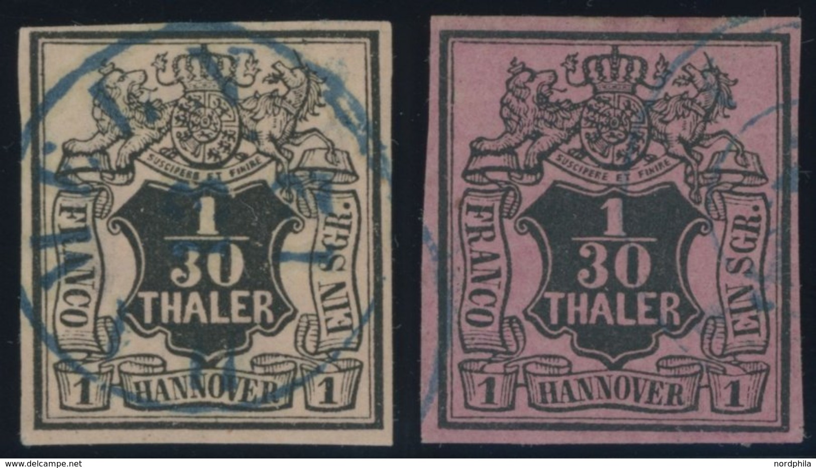 HANNOVER 3a,b O, 1851/5, 1/30 Th. Schwarz Auf Lachsfarben Und Himberrot, 2 Prachtwerte, Mi. 130.- - Hanover