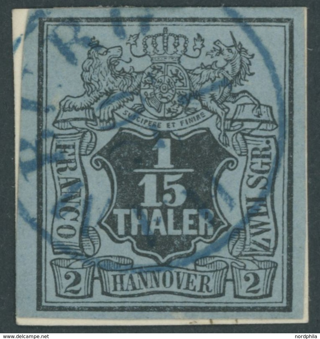 HANNOVER 4 BrfStk, 1851, 1/15 Th. Schwarz Auf Graublau Auf Kleinem Briefstück, Blauer K1 HAMBURG, Pracht - Hanover