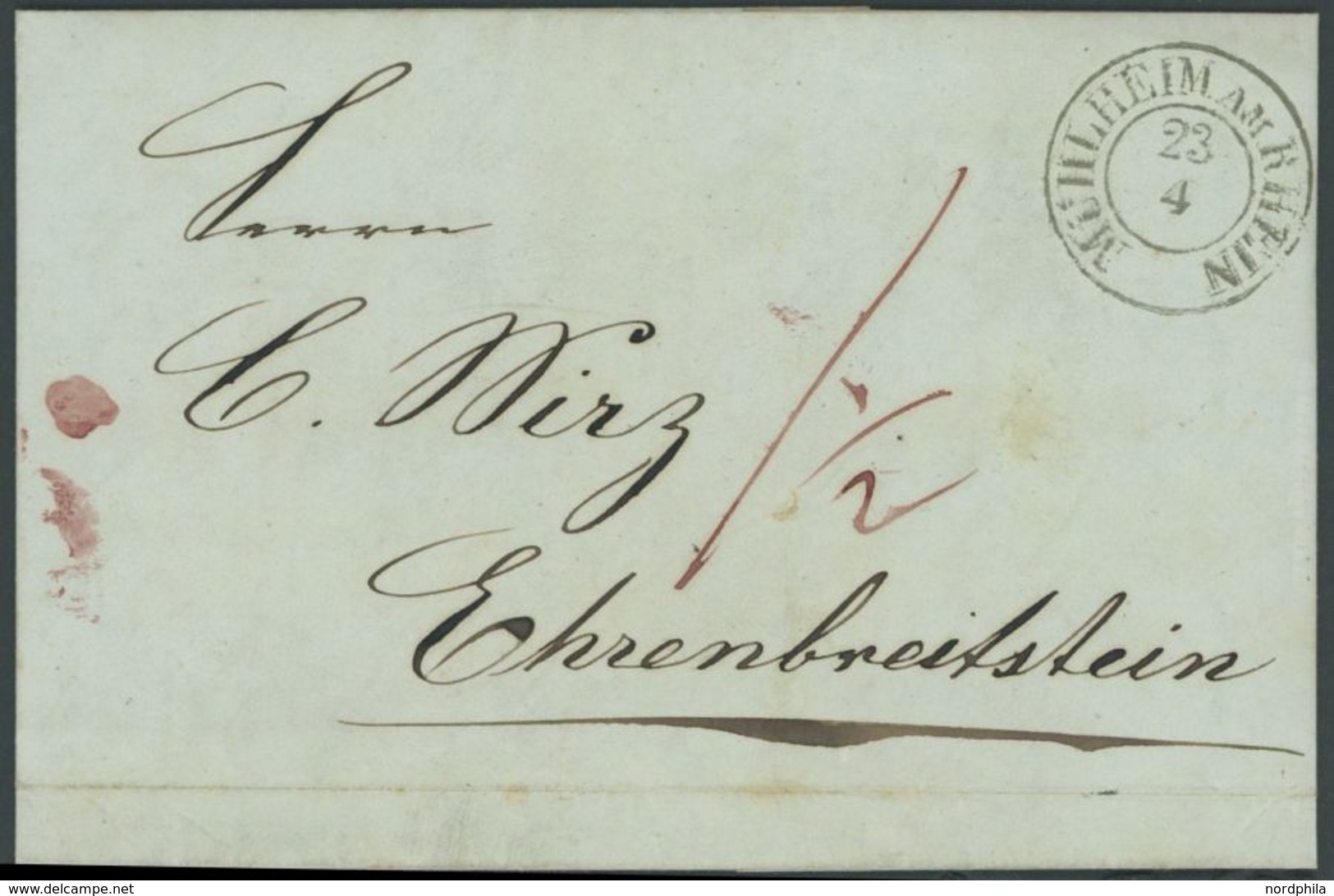 PREUSSEN MÜHLHEIM AM RHEIN, K2 Auf Brief (1847) Mit Inhalt Nach Ehrenbreitstein, Etwas Fleckiger Prachtbrief - Prefilatelia