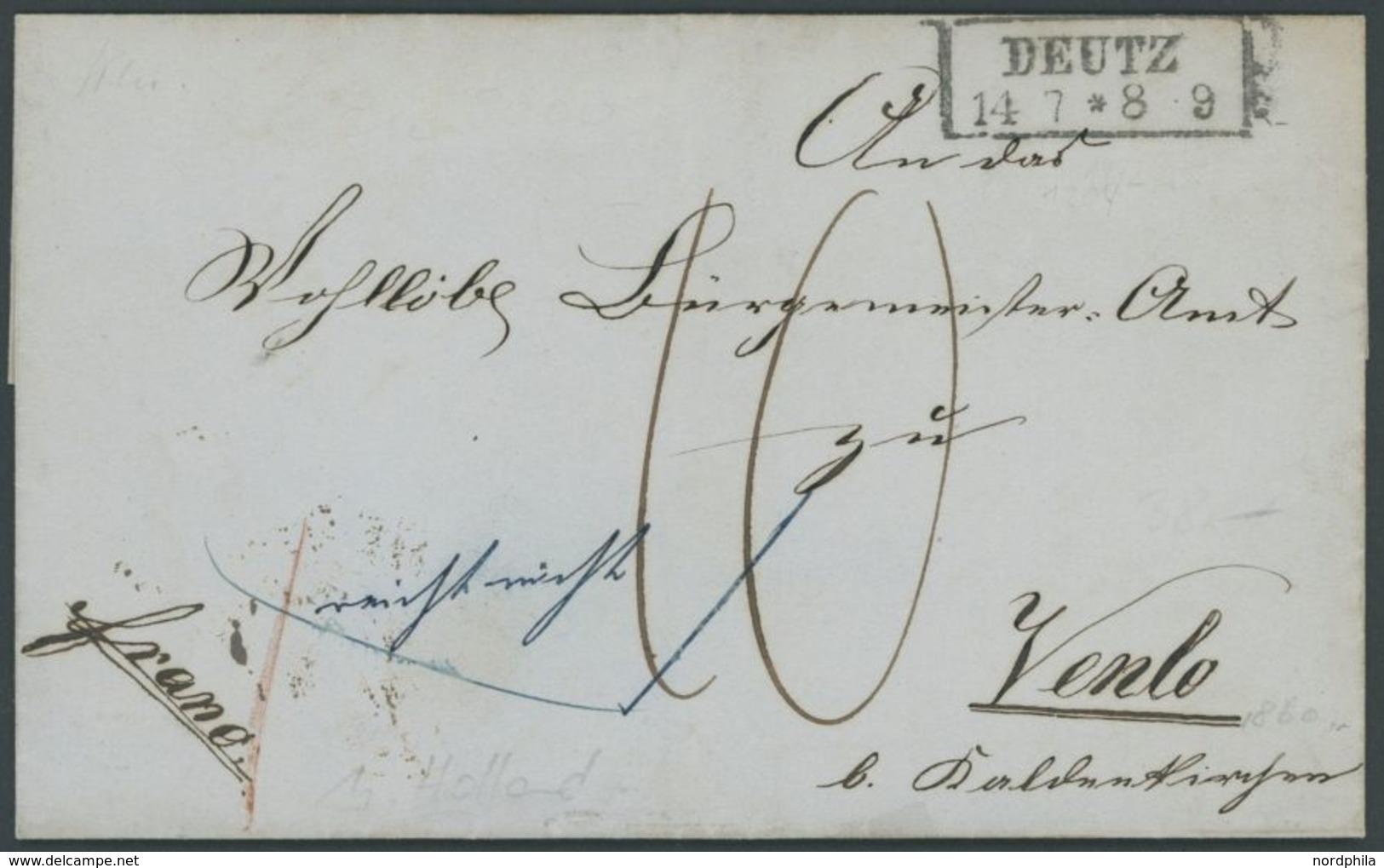 PREUSSEN DEUTZ, R2 Auf Brief (1860) Mit Inhalt Nach Venlo (Niederlande), Handschriftlich Franco, Rückseitiger Ankunftsst - Sonstige & Ohne Zuordnung