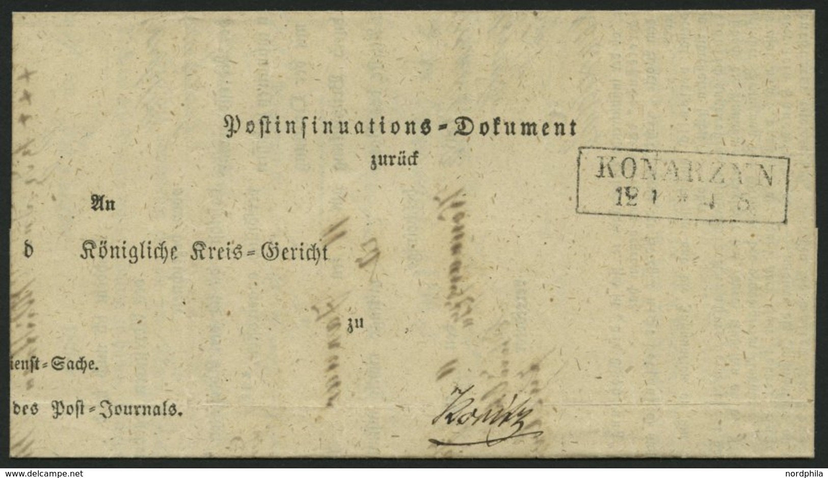 PREUSSEN KONARZYN, R2 Auf Post-Insinuations-Dokument (1864) Nach Konitz, Innen Krone-Posthornstempel, Pracht - Autres & Non Classés