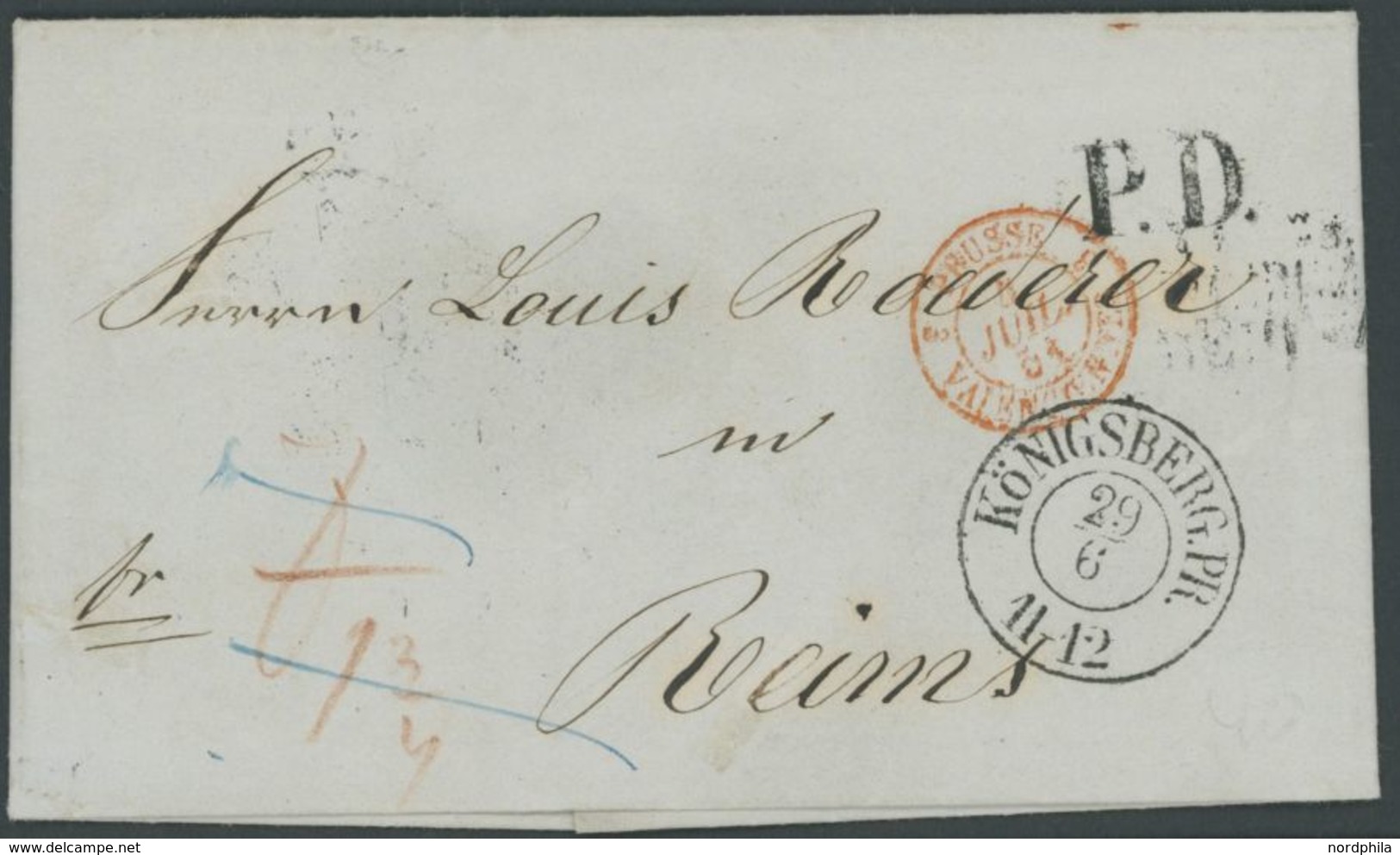 PREUSSEN KÖNIGSBERG P.R., K2 Auf Brief (1857) Mit Inhalt Nach Reims, Vorderseitig 2 Grenzdurchgangsstempel, Rückseitig M - Other & Unclassified