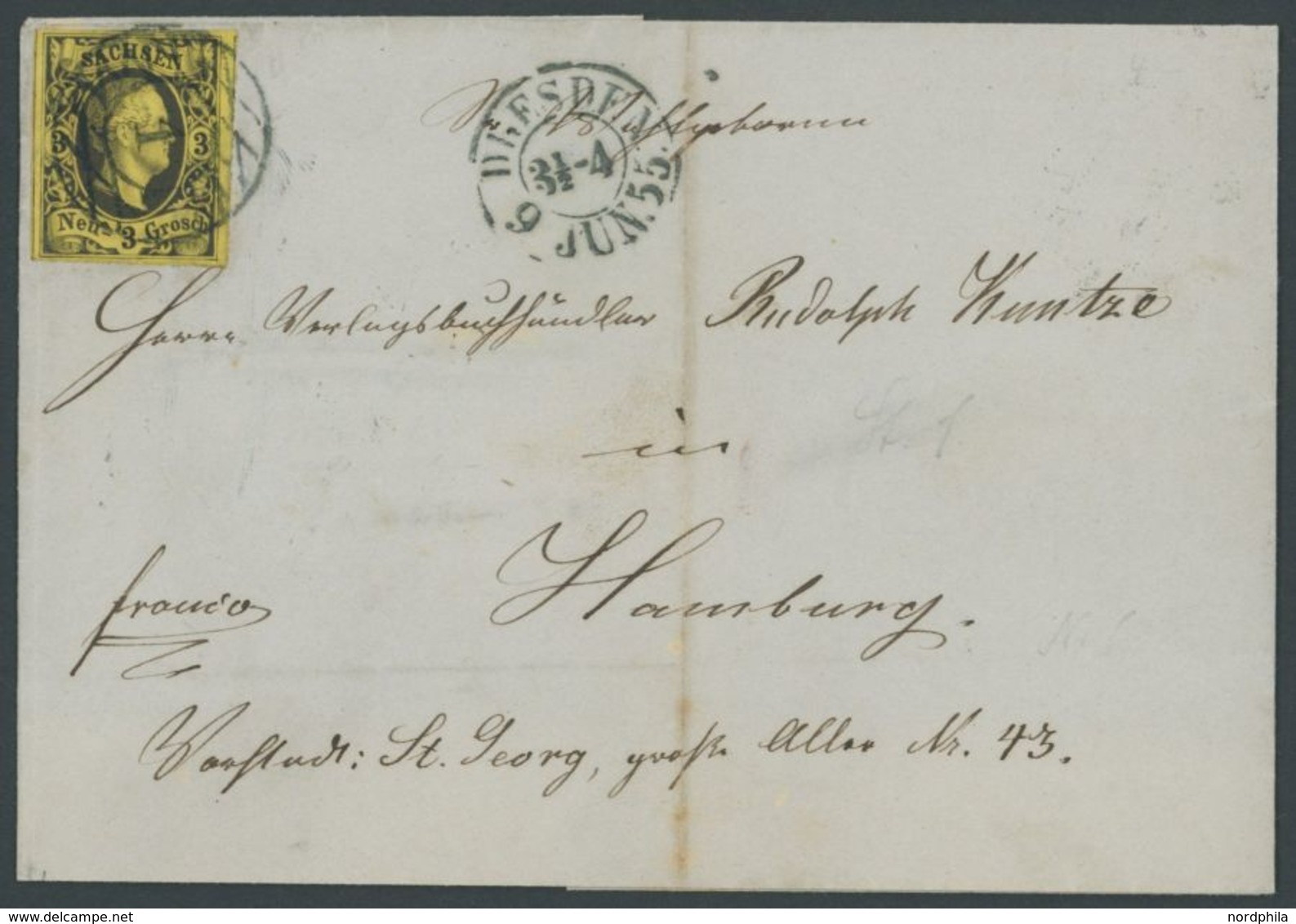 SACHSEN 6 BRIEF, 1855, 3 Ngr. Schwarz Auf Mittelolivgelb, Prachtstück Auf Brief Von DRESDEN Nach Hamburg - Sachsen