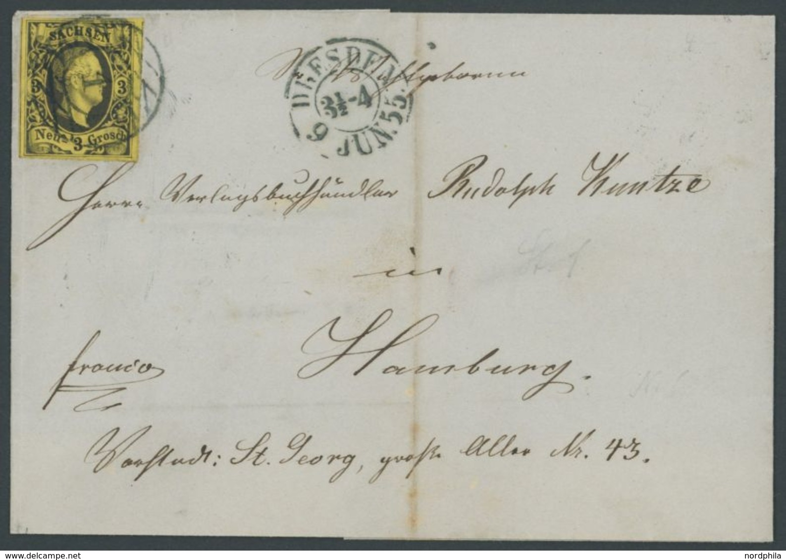 SACHSEN 6 BRIEF, 1855, 3 Ngr. Schwarz Auf Mittelolivgelb, Prachtstück Auf Brief Von DRESDEN Nach Hamburg - Saxony