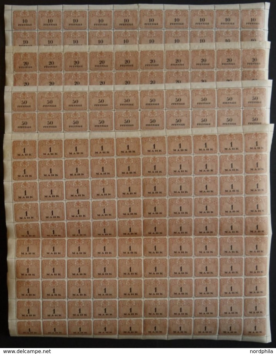 SACHSEN **, 1910, 10 Pf. - 100 Mk. Stempelmarken, Wz. Treppen, 9 Werte, Je Im Bogen (100) Postfrisch, Einige Wellig, Rän - Saxony