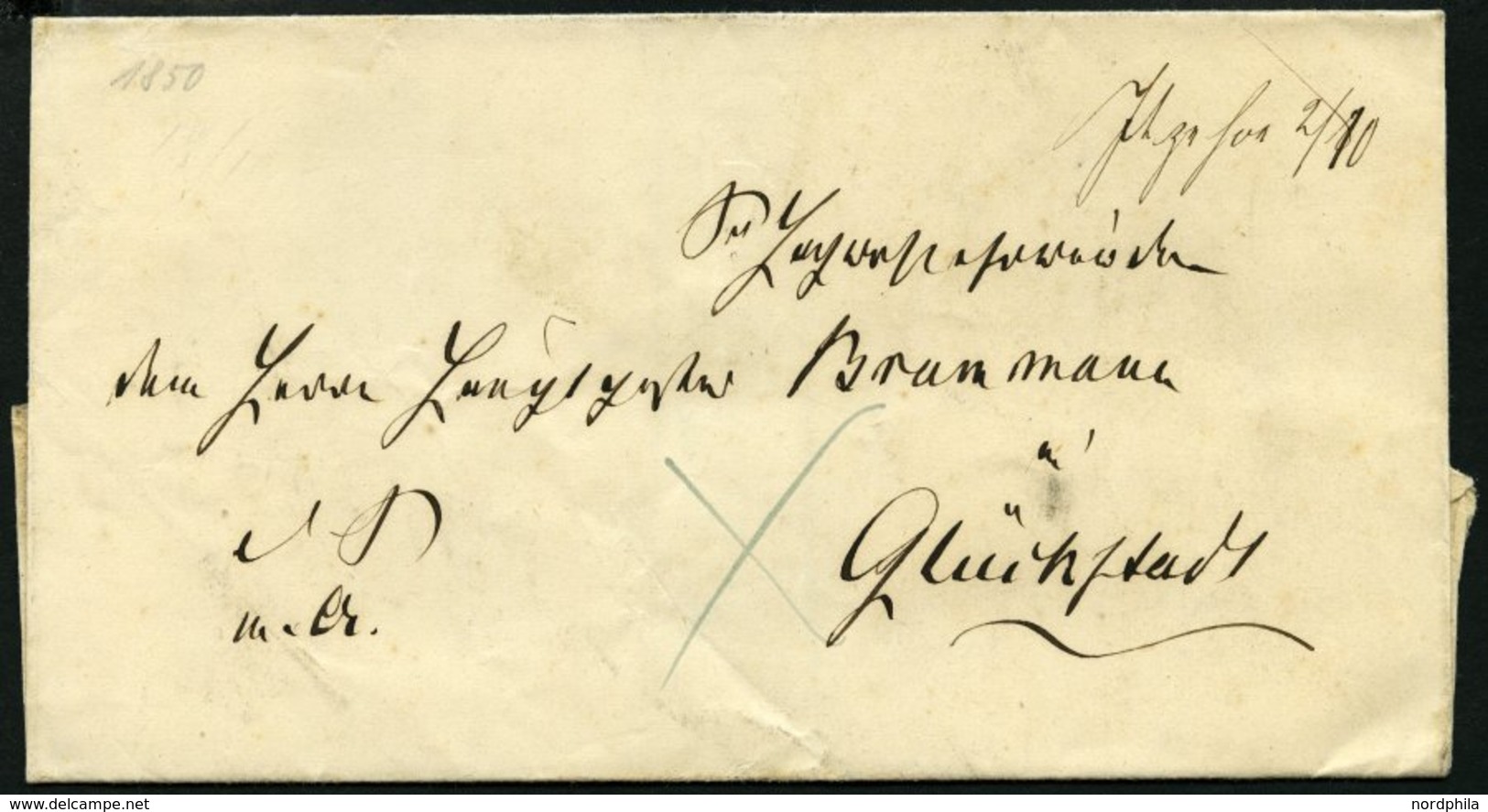 SCHLESWIG-HOLSTEIN ITZEHOE 2/10, Handschriftlich Auf Briefhülle (1850) Nach Glückstadt, Pracht - Precursores