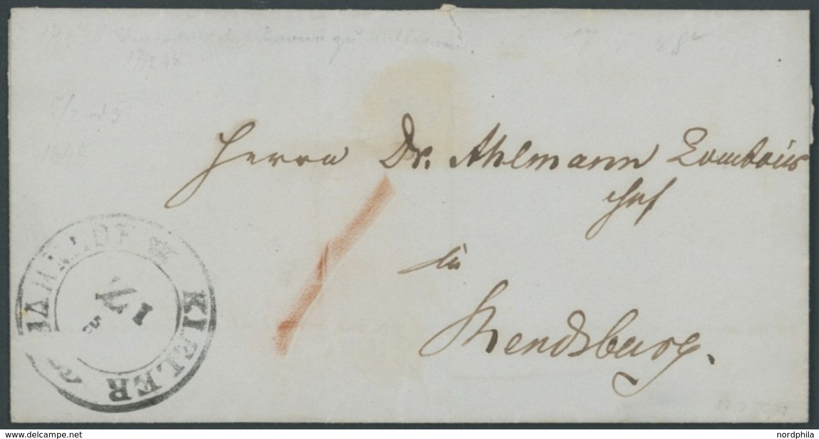 SCHLESWIG-HOLSTEIN 1848, BAHNHOF KIELER Z I, K2 Mit Krone, Kleiner Prachtbrief Nach Rendsburg - Vorphilatelie