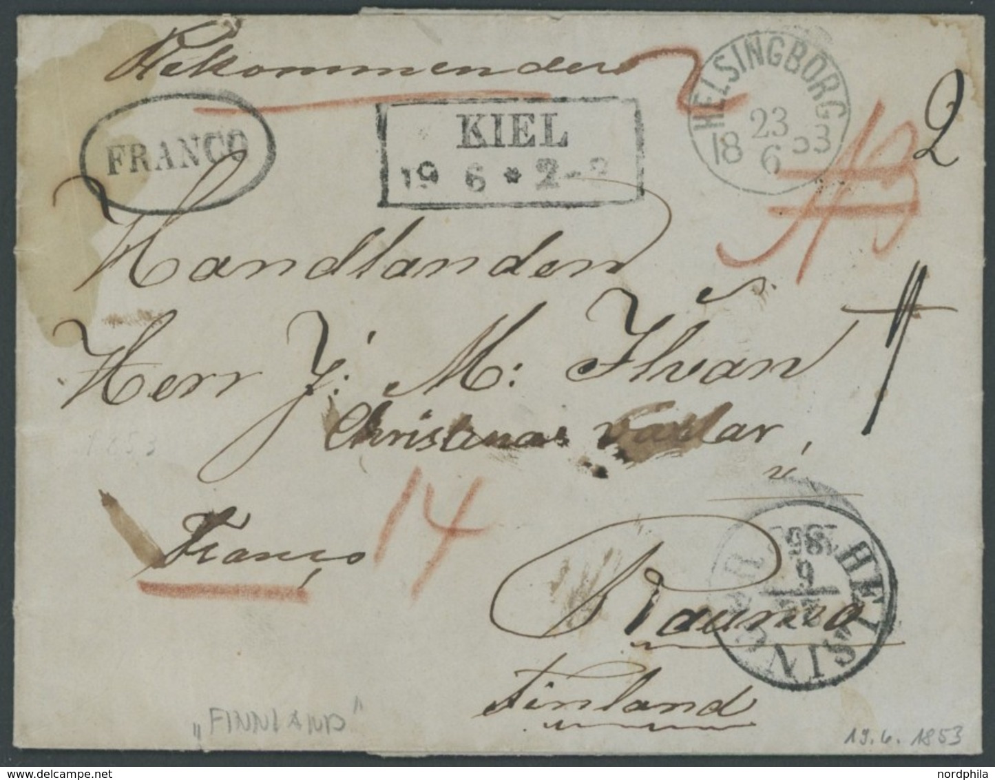 SCHLESWIG-HOLSTEIN 1853, KIEL, R2 Auf Reco-Brief Mit Inhalt Aus Holtenau über Schweden Nach Finnland, Ovaler Stempel FRA - Prefilatelia