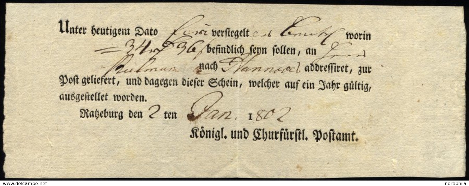 SCHLESWIG-HOLSTEIN RATZEBURG, Ortsdruck Auf Einlieferungsschein: Unter Heutigem Dato.... (1802), Pracht - Precursores