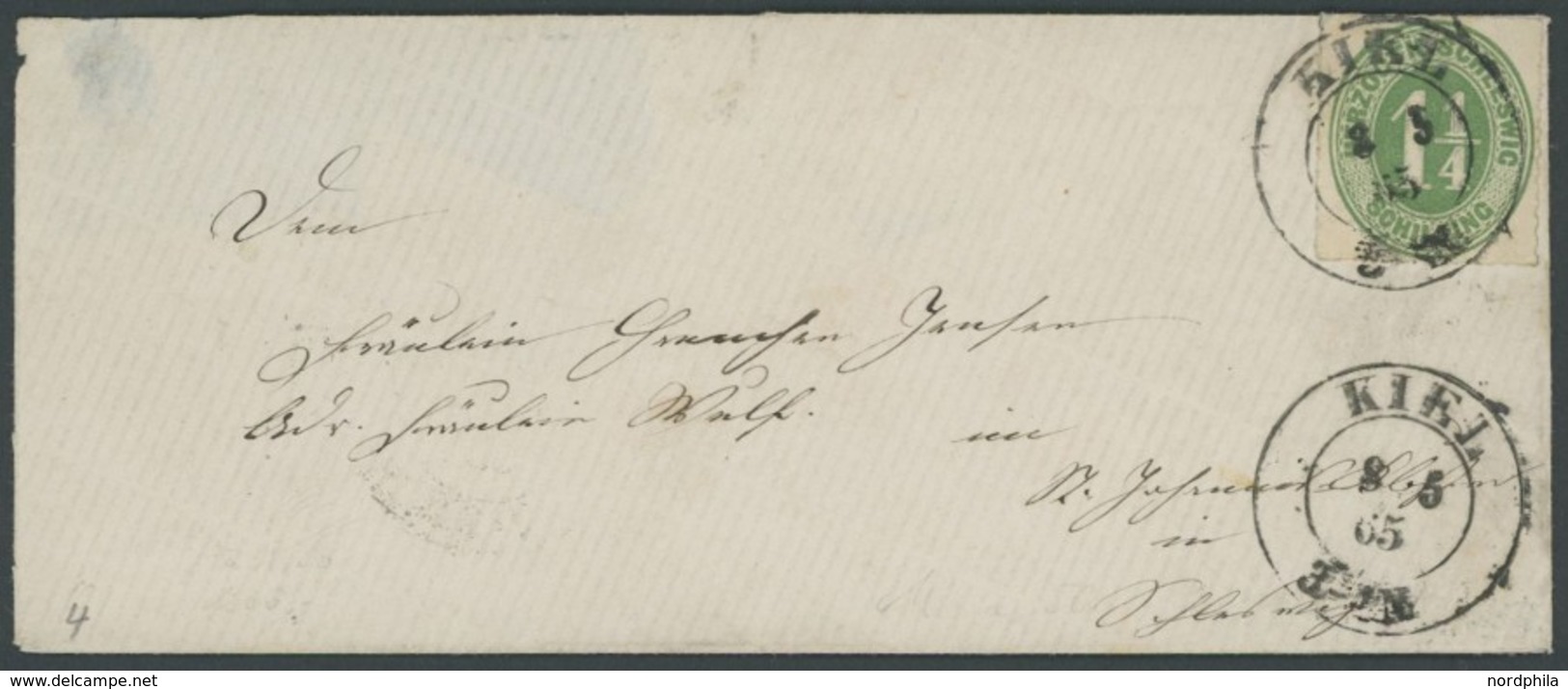 SCHLESWIG-HOLSTEIN 4 BRIEF, 1865, 11/4 S. Dunkelgelblichgrün Mit K2 KIEL Auf Kleinem Brief (rückseitige Lasche Nicht Vol - Schleswig-Holstein
