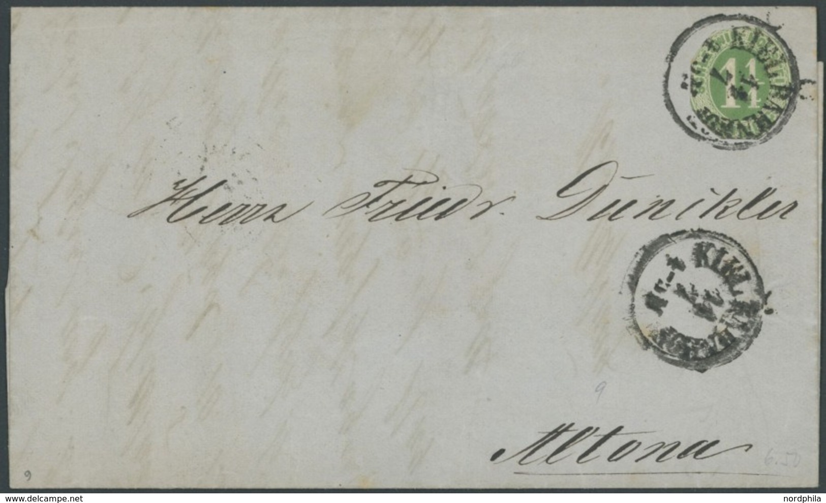 SCHLESWIG-HOLSTEIN 9 BRIEF, 1865, 11/4 S. Olivgrün (rundgeschnitten!) Mit K1 KIEL BAHNHOF Nach Altona, Signiert - Schleswig-Holstein