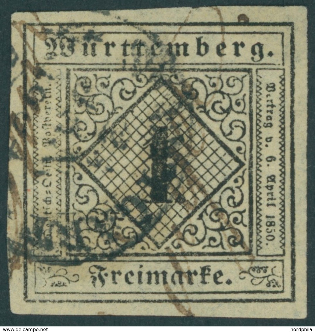 WÜRTTEMBERG 1yb O, 1851, 1 Kr. Schwarz Auf Mittelgraugelbem Seidenpapier, Feinst, Gepr. Thoma, Mi. 300.- - Otros & Sin Clasificación