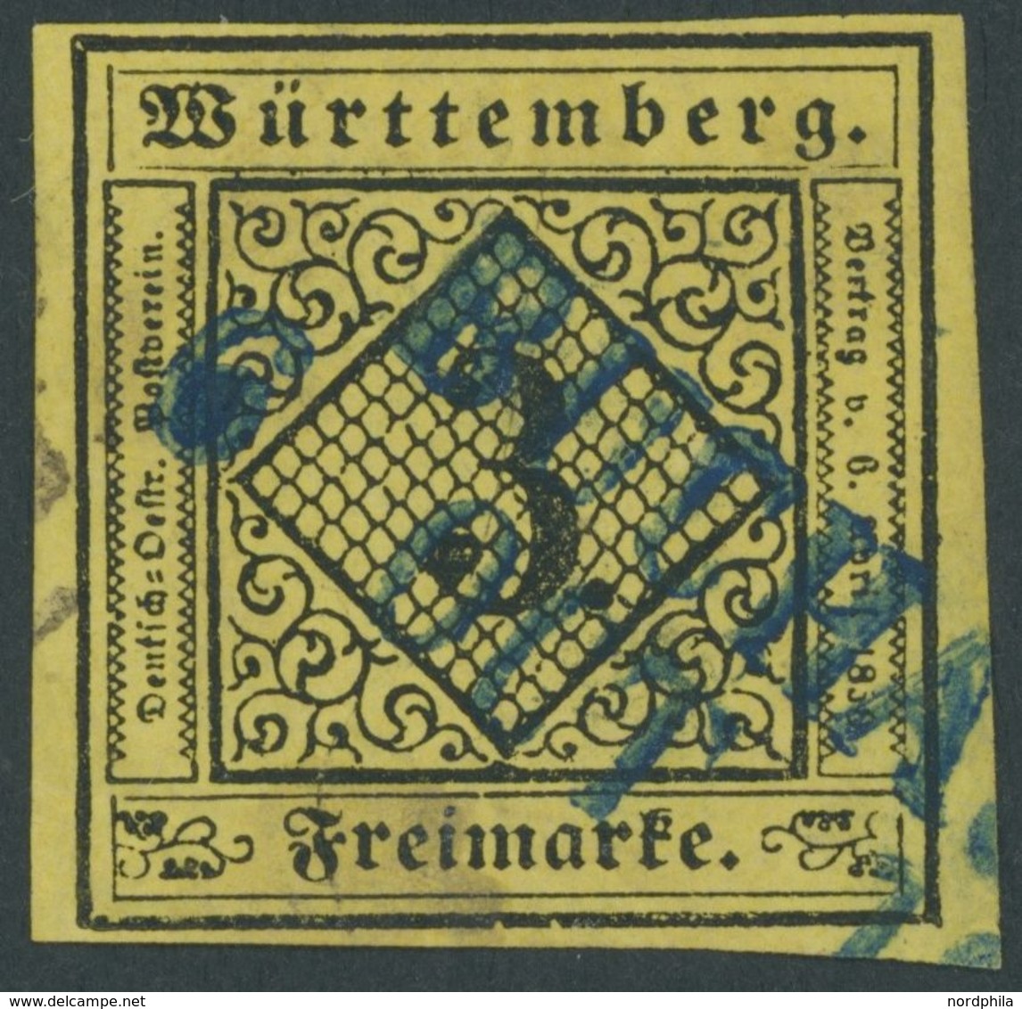 WÜRTTEMBERG 2d O, 1851, 3 Kr. Schwarz Auf Dunkelgelb, Type IVa, Blauer L2 BUCHAU, Pracht, Gepr. Irtenkauf - Sonstige & Ohne Zuordnung