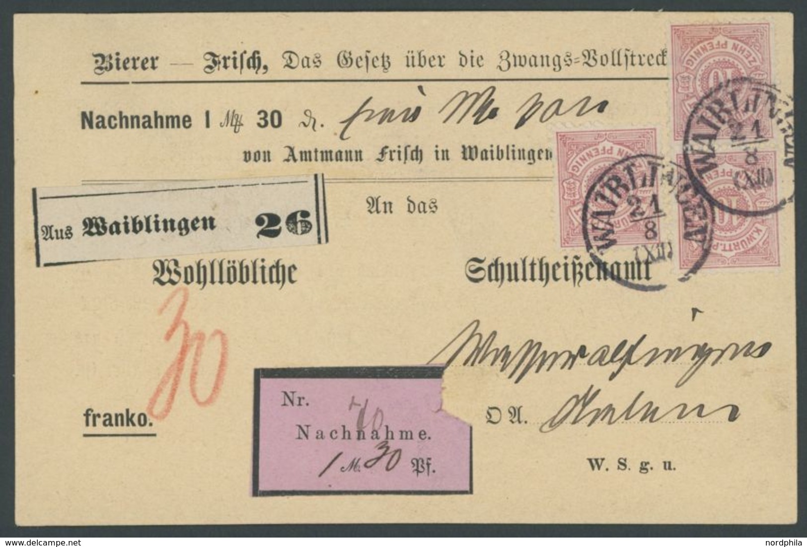 WÜRTTEMBERG 46a BRIEF, 1875, 10 Pf. Mittellilarot, 3x Auf Nachnahme-Begleitkarte Aus WAIBLINGEN, Pracht - Otros & Sin Clasificación