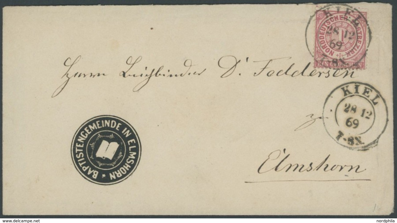 NDP 16 BRIEF, 1869, 1 Gr. Karmin Auf Brief Mit Inhalt Von KIEL Nach Elmshorn, Vorderseitiger Absenderstempel BAPTISTENGE - Other & Unclassified