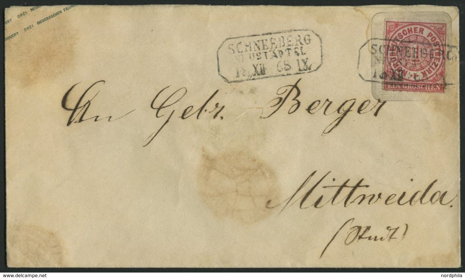 NDP U 51A BRIEF, 1863, 1 Gr. Rosa Auf 3 Ngr. Braun, Format A, R3 SCHNEEBERG, Etwas Fleckig, Feinst, Mi. 110.- - Sonstige & Ohne Zuordnung