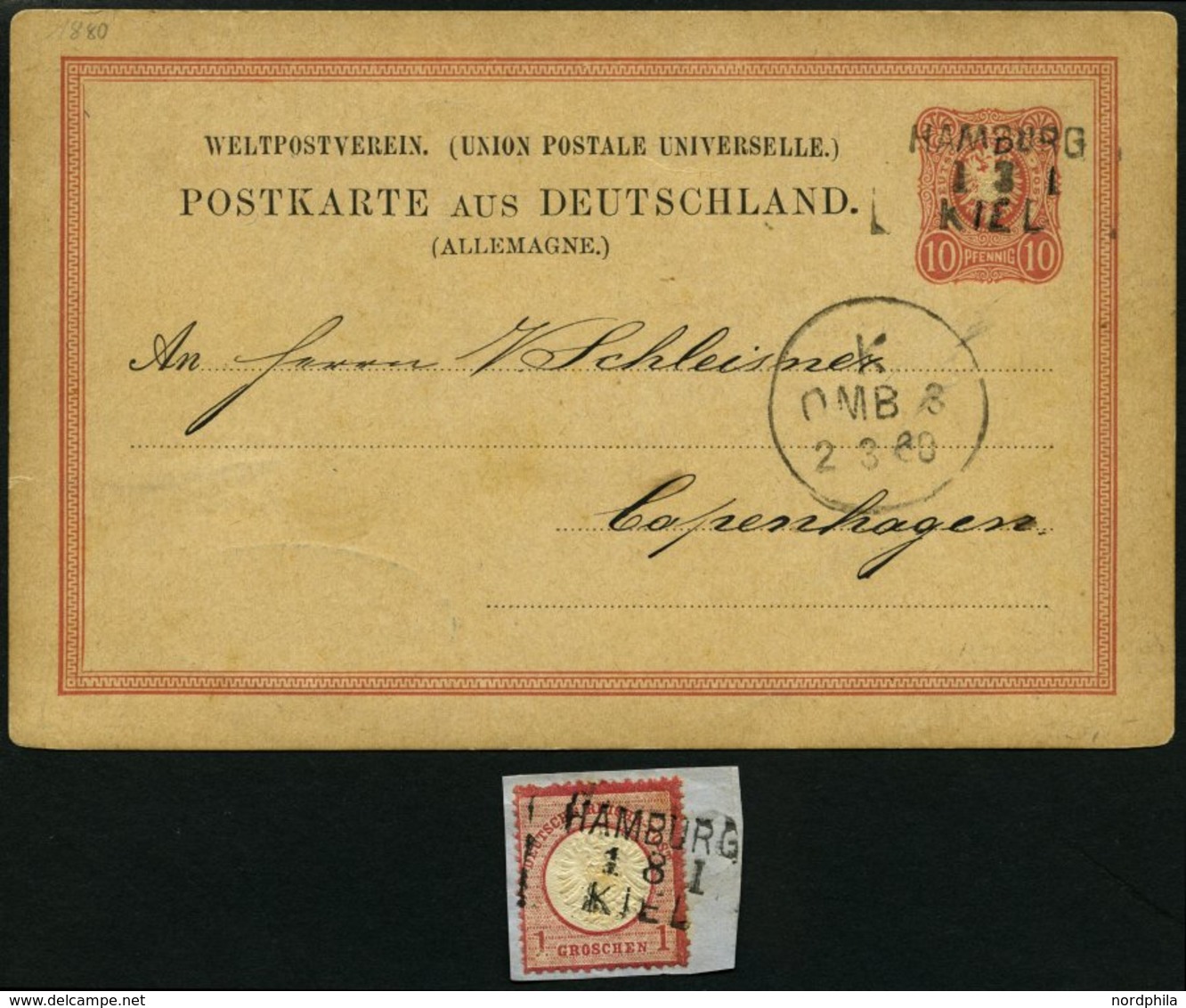 BAHNPOST DR 32/3 BRIEF, Hamburg-Kiel, L3, 1875-1880, 4 Belege Nach Dänemark, Dabei 2 Ganzsachenkarten Sowie 2 Briefe Mit - Máquinas Franqueo (EMA)