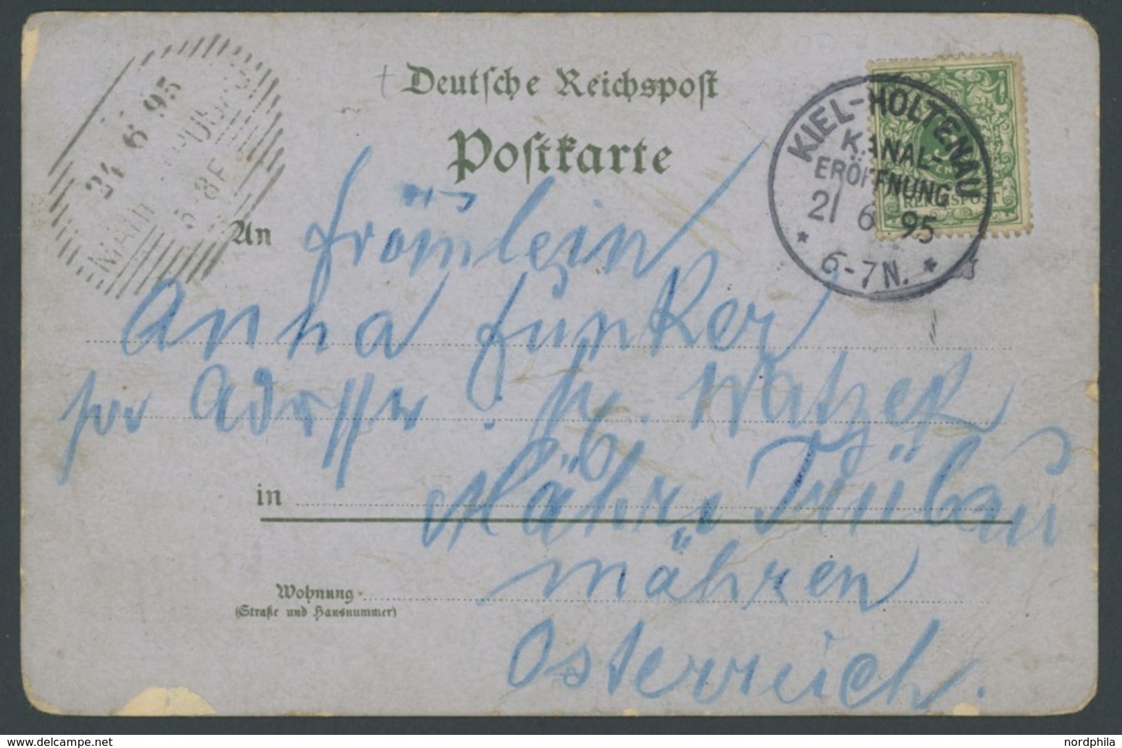 SST Bis 1918 02/2 BRIEF, KIEL-HOLTENAU, 21.6.1895, Auf Farbiger Ansichtskarte Mit 5 Pf. Grün Nach Österreich, Feinst (Be - Cartas & Documentos