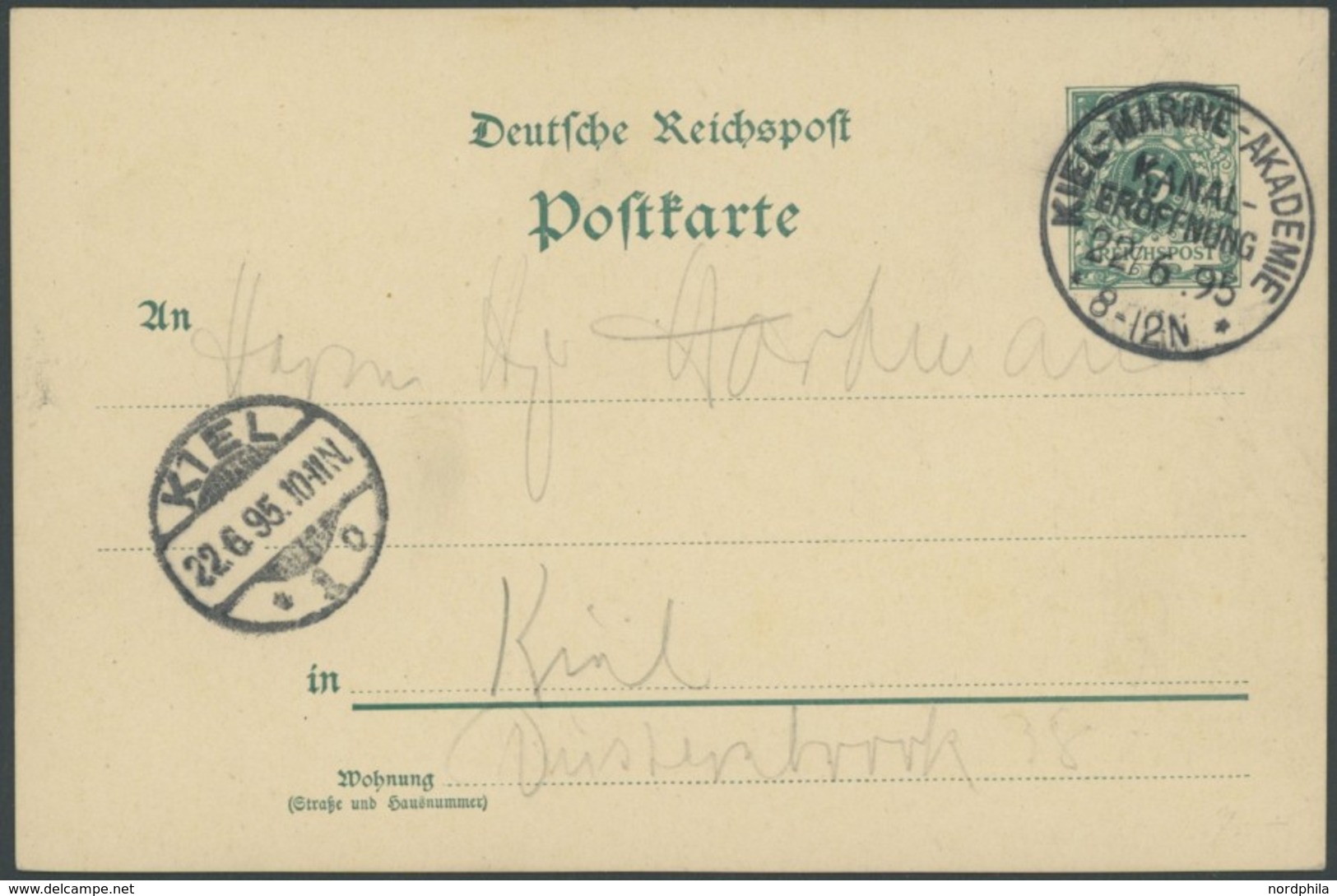 SST Bis 1918 02/3 BRIEF, KIEL-MARINE-AKADEMIE, KANALERÖFFNUNG, 22.6.1895, Auf 5 Pf. Reichspost - Ganzsachenkarte, Rückse - Storia Postale