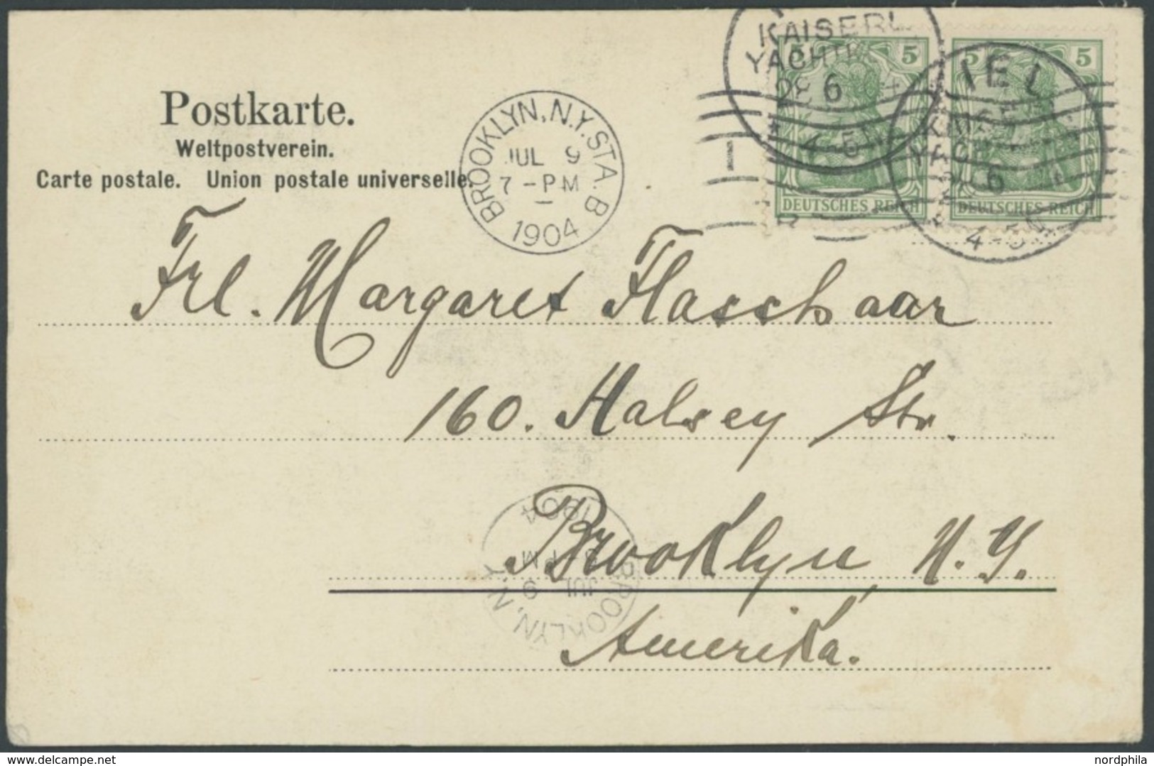 SST Bis 1918 04 BRIEF, KIEL KAISERL. YACHTCLUB, 28.6.1904, Auf Ansichtskarte Nach New York Mit Waagerechtem Paar 5 Pf. G - Covers & Documents