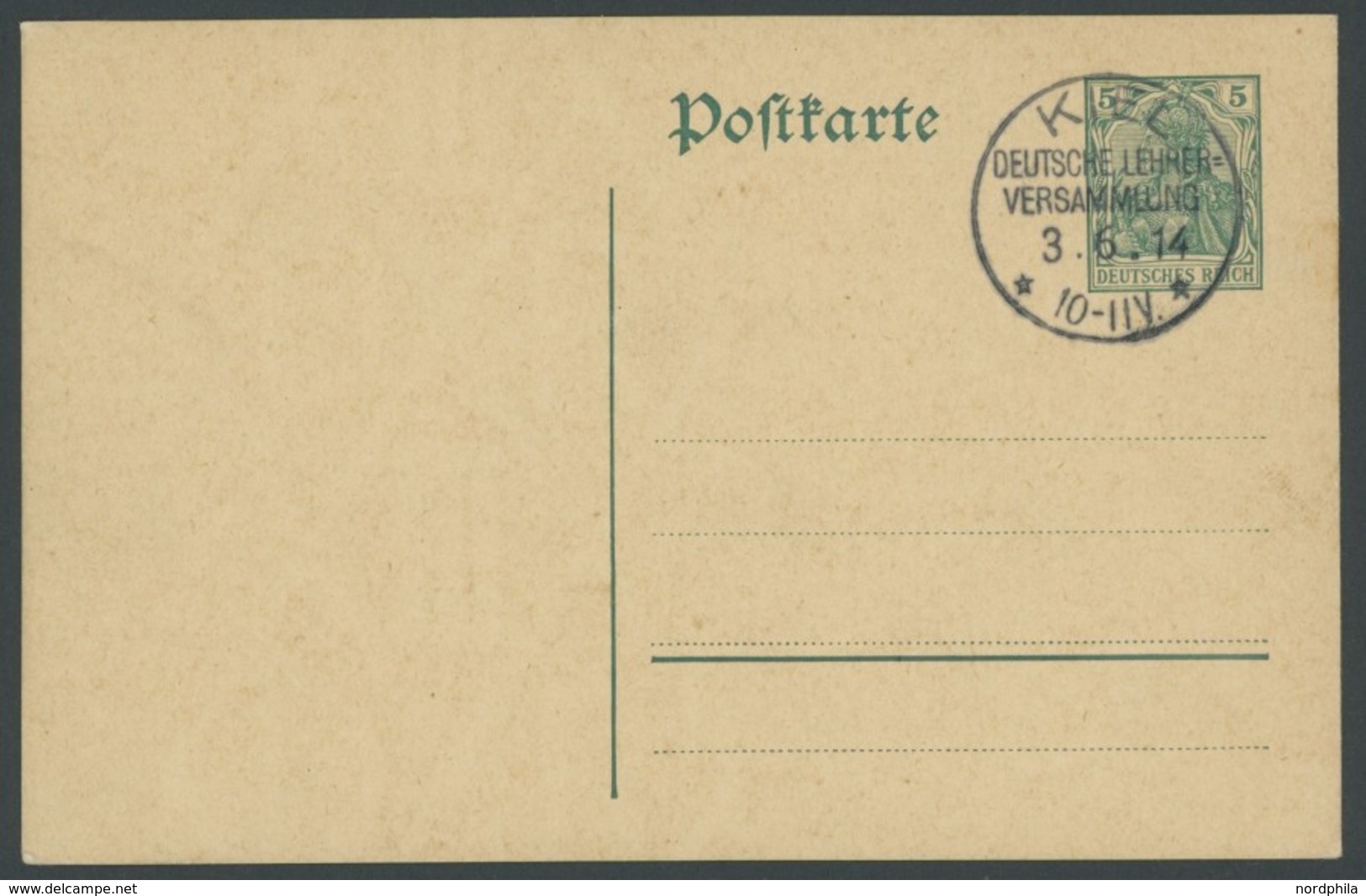 SST Bis 1918 16 BRIEF, KIEL DEUTSCHE LEHRER-VERSAMMLUNG, 3.6.1914, Auf Leer Gestempelter 5 Pf. Germania - Ganzsachenkart - Storia Postale