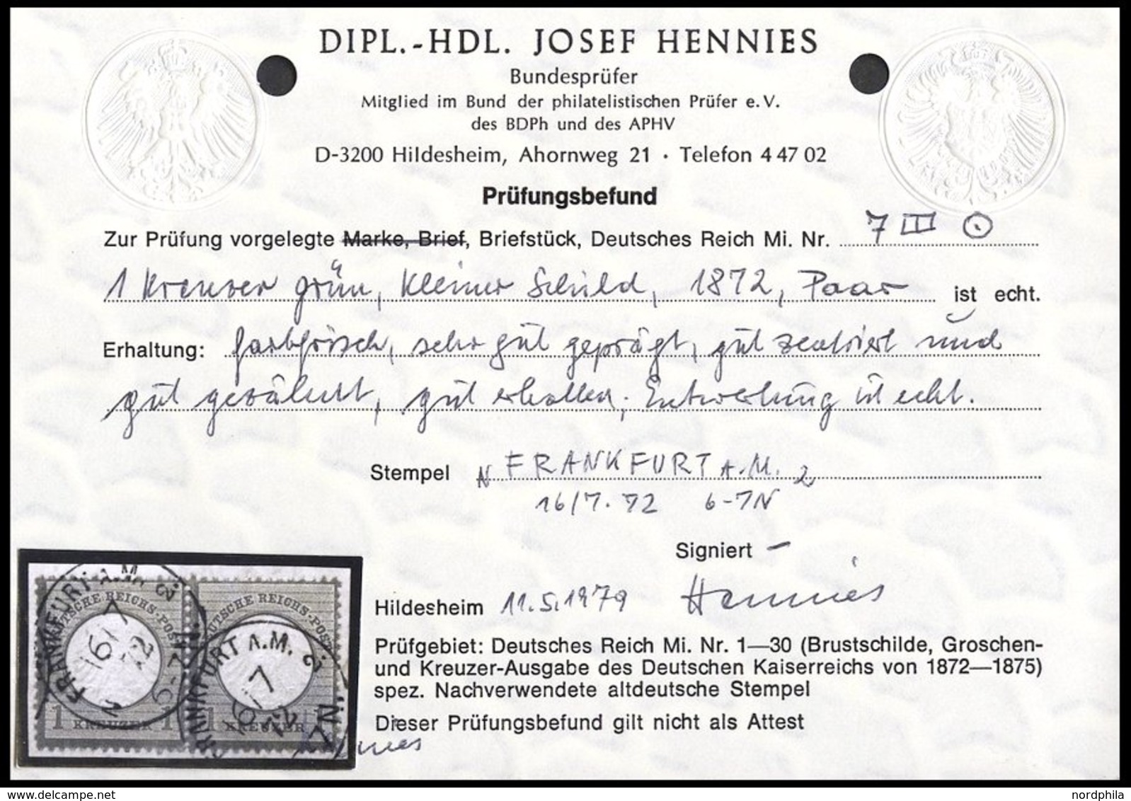 Dt. Reich 7 Paar BrfStk, 1872, 1 Kr. Gelblichgrün Im Waagerechten Paar, K1 FRANKFURT A.M., Prachtbriefstück, Fotobefund  - Used Stamps