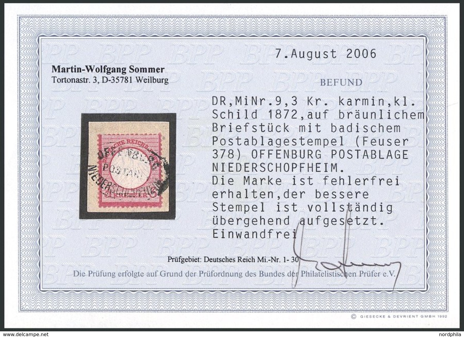 Dt. Reich 9 BrfStk, 1872, 3 Kr. Karmin, Postablagestempel OFFENBURG/NIEDERSCHROPFHEIM, Prachtbriefstück, Fotobefund Somm - Used Stamps