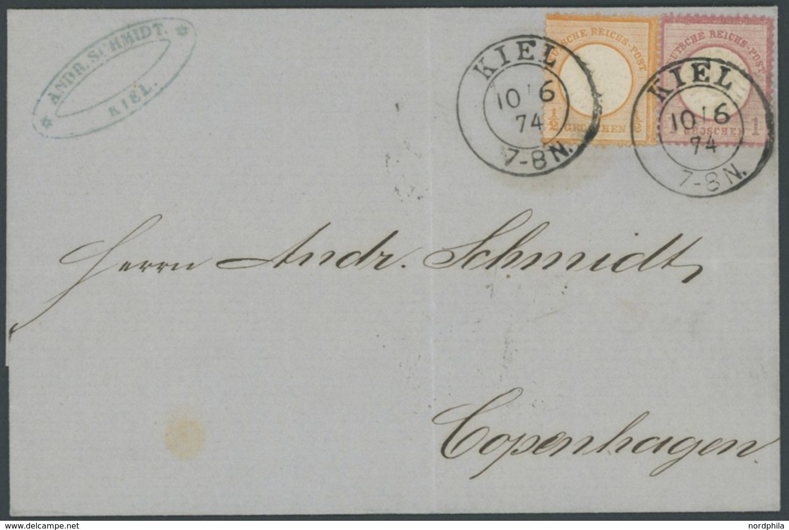 Dt. Reich 18/9 BRIEF, 1874, 1/2 Gr. Orange Und 1 Gr. Rotkarmin Auf Brief Von KIEL Nach Copenhagen, Pracht - Gebraucht