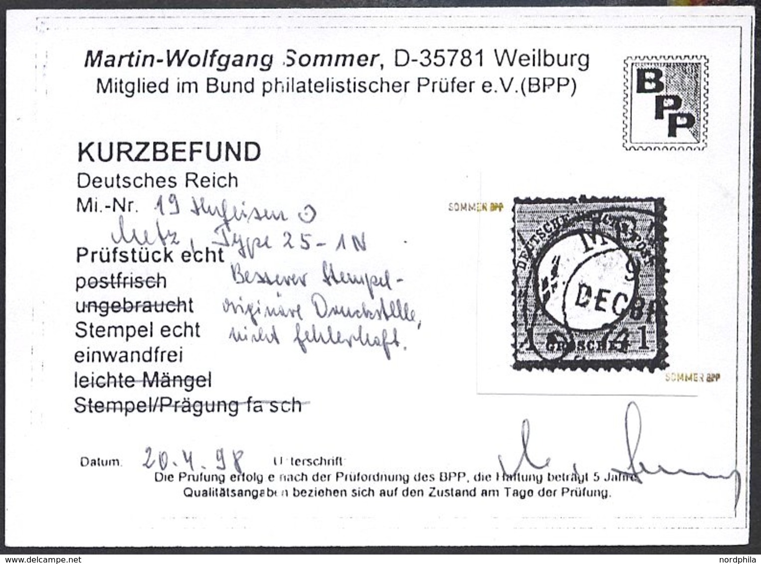 Dt. Reich 19 O, 1872, 1 Gr. Rotkarmin, Hufeisenstempel METZ (Spalink 25-1N), Normale Zähnung, Pracht, Kurzbefund Sommer - Gebraucht