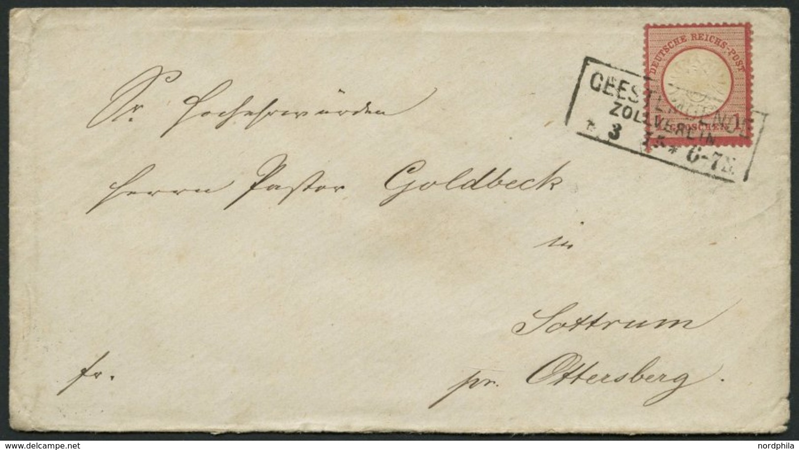 Dt. Reich 19 BRIEF, 1875, 1 Gr. Rotkarmin (als 10 Pf.-Marke Verwendet), R3 GEESTEMÜNDE ZOLLVEREIN, üblich Gezähnt, Prach - Used Stamps