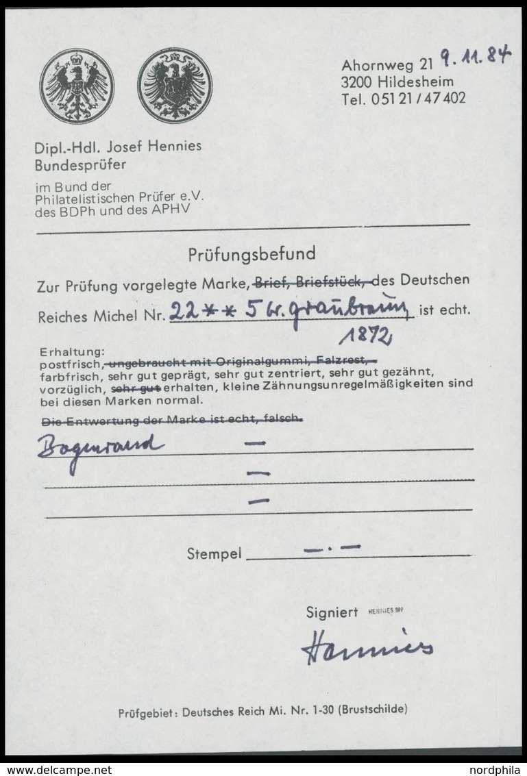 Dt. Reich 22 **, 1872, 5 Gr. Schwärzlichocker, Postfrisch, Mit Breitem Linken Bogenrand (dort Falzrest), Gepr. Hennies M - Used Stamps
