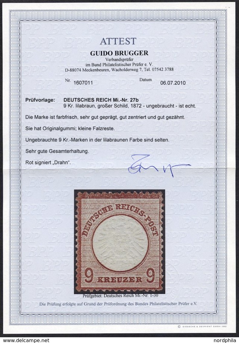 Dt. Reich 27b *, 1872, 9 Kr. Lilabraun, Falzrest, Kabinett, Fotoattest Brugger: Die Marke Ist Farbfrisch, Sehr Gut Geprä - Used Stamps