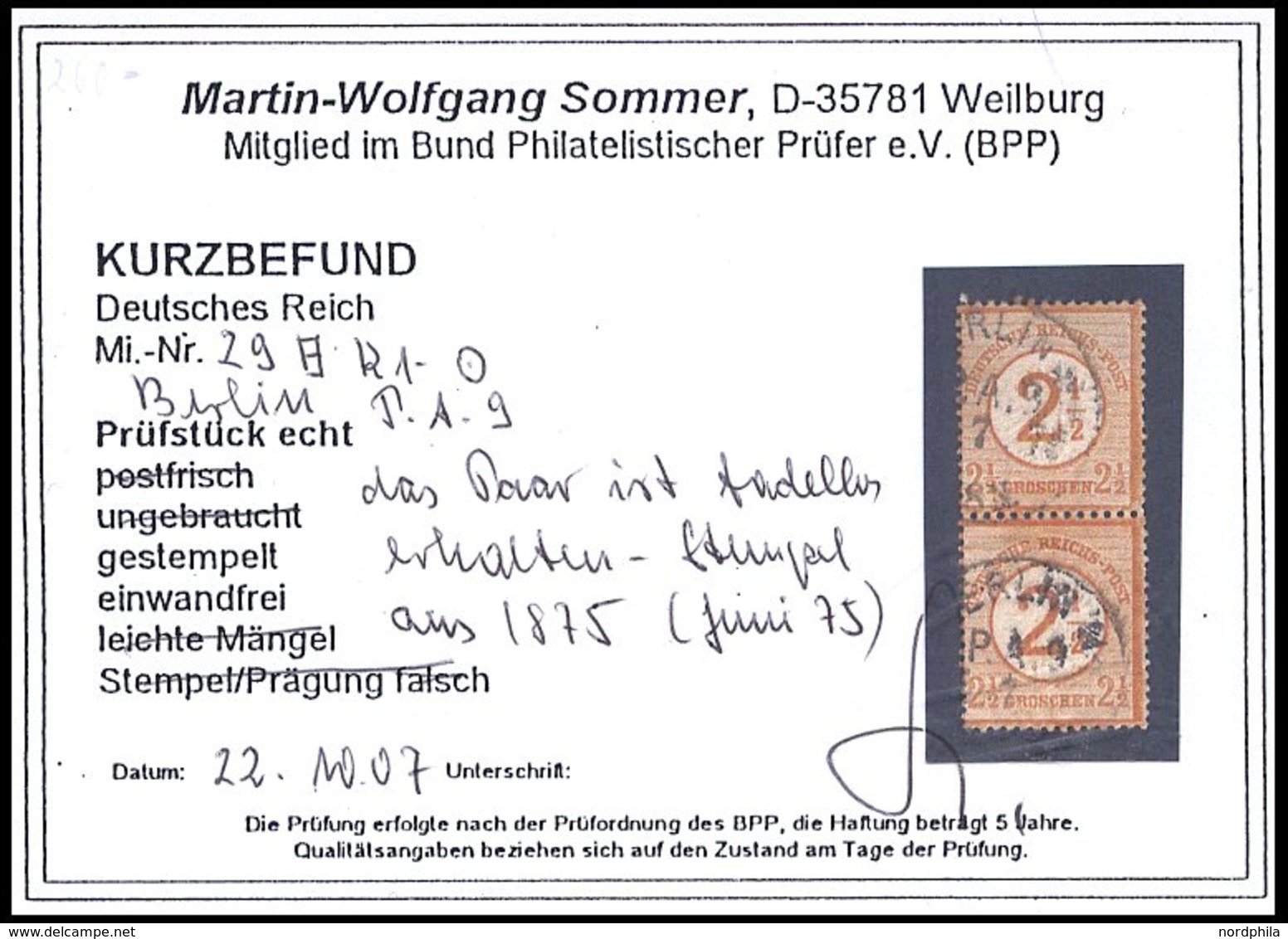 Dt. Reich 29 Paar O, 1874, 21/2 Auf 21/2 Gr. Braunorange Im Senkrechten Paar, Stempel BERLIN P.A. 9 (Juni 75), Pracht, K - Gebraucht