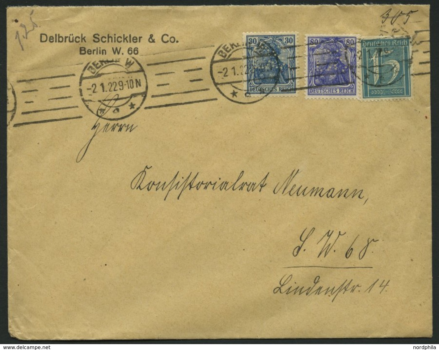 Dt. Reich 149aI BRIEF, 1922, 80 Pf. Lilaultramarin, Type I, Mit Zusatzfrankatur Auf Brief, Firmenlochung D S, Pracht - Sonstige & Ohne Zuordnung