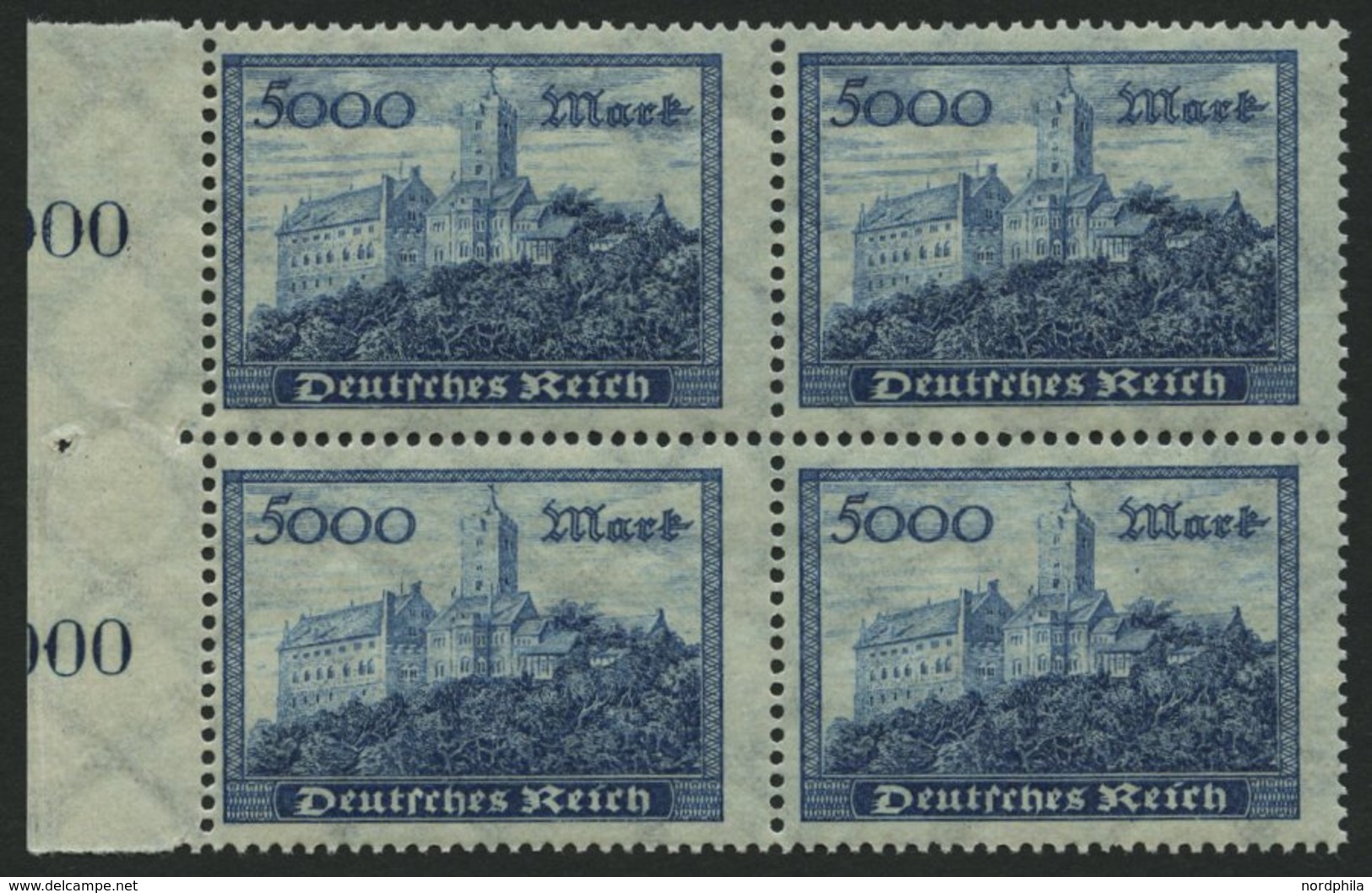 Dt. Reich 261b VB **, 1923, 5000 M. Dunkelgrünlichblau Im Randviererblock, Pracht, Gepr. Infla, Mi. 88.- - Autres & Non Classés