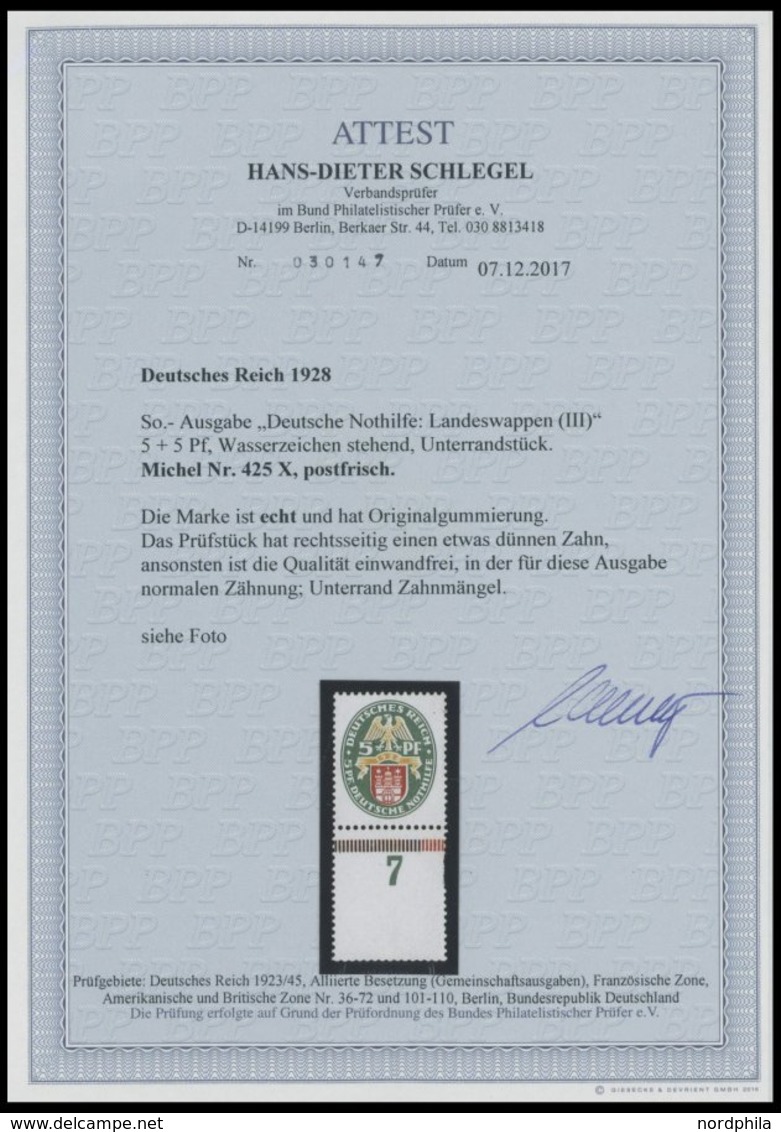 Dt. Reich 425X **, 1928, 5 Pf. Nothilfe, Wz. Stehend, Unterrandstück, Postfrisch, Rechts Ein Heller Zahn, Ansonsten Ist  - Other & Unclassified