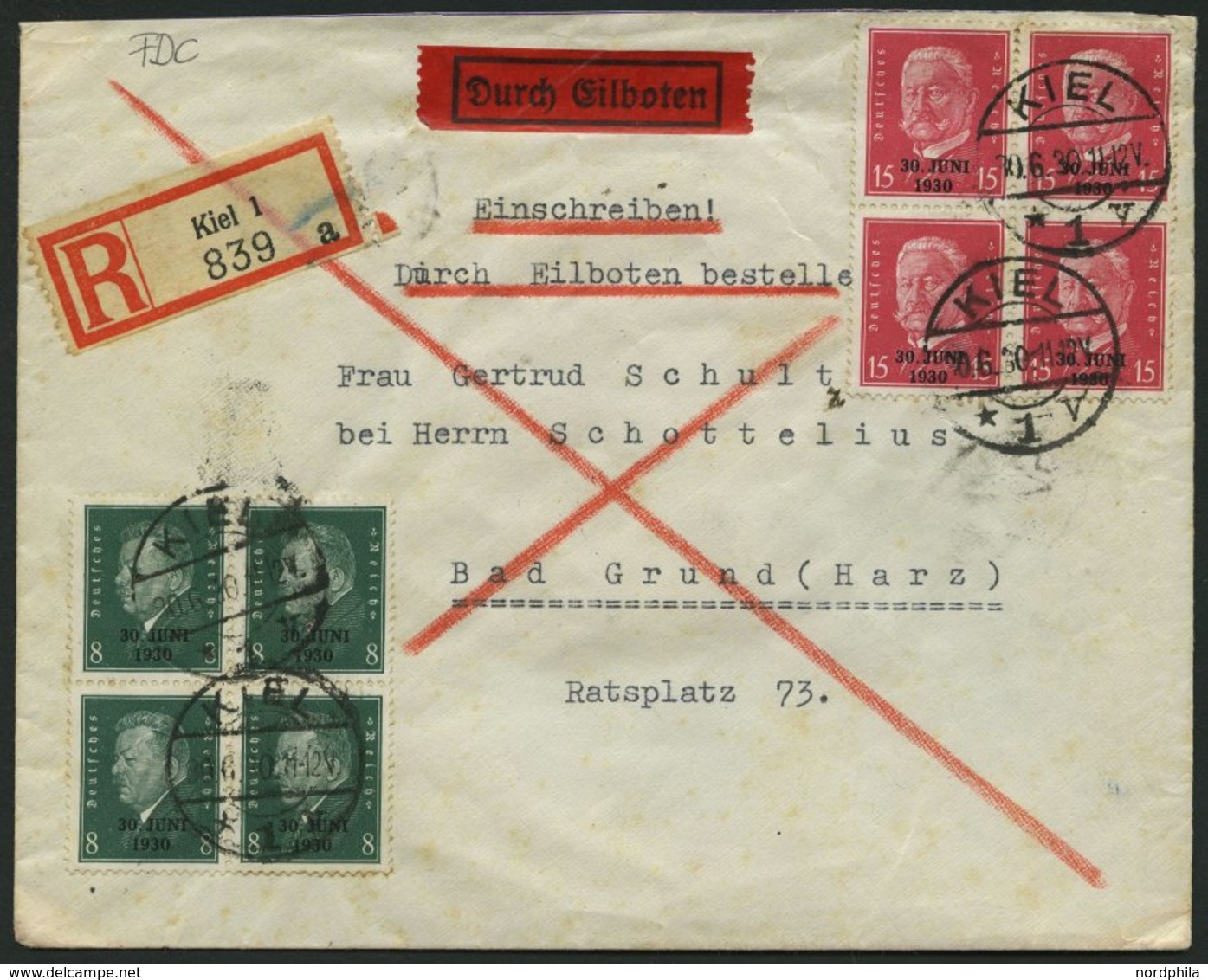 Dt. Reich 444/5 VB BRIEF, 1930, 30. Juni In Viererblocks Auf Eil-Einschreibbrief Vom Ersttag, Leichte Bedarfsspuren, Pra - Otros & Sin Clasificación