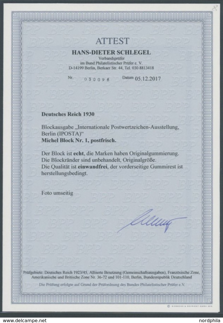 Dt. Reich Bl. 1 **, 1930, Block IPOSTA, Postfrisch, Pracht, Unsigniert, Fotoattest H.D. Schlegel: Die Qualität Ist Einwa - Sonstige & Ohne Zuordnung