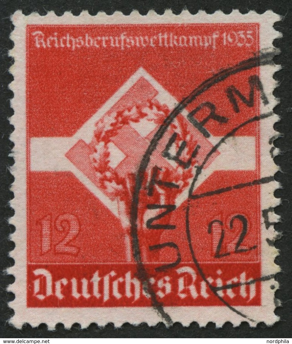 Dt. Reich 572y O, 1935, 12 Pf. Reichsberufswettkampf, Waagerechte Gummiriffelung, Normale Zähnung, Pracht, Mi. 75.- - Andere & Zonder Classificatie