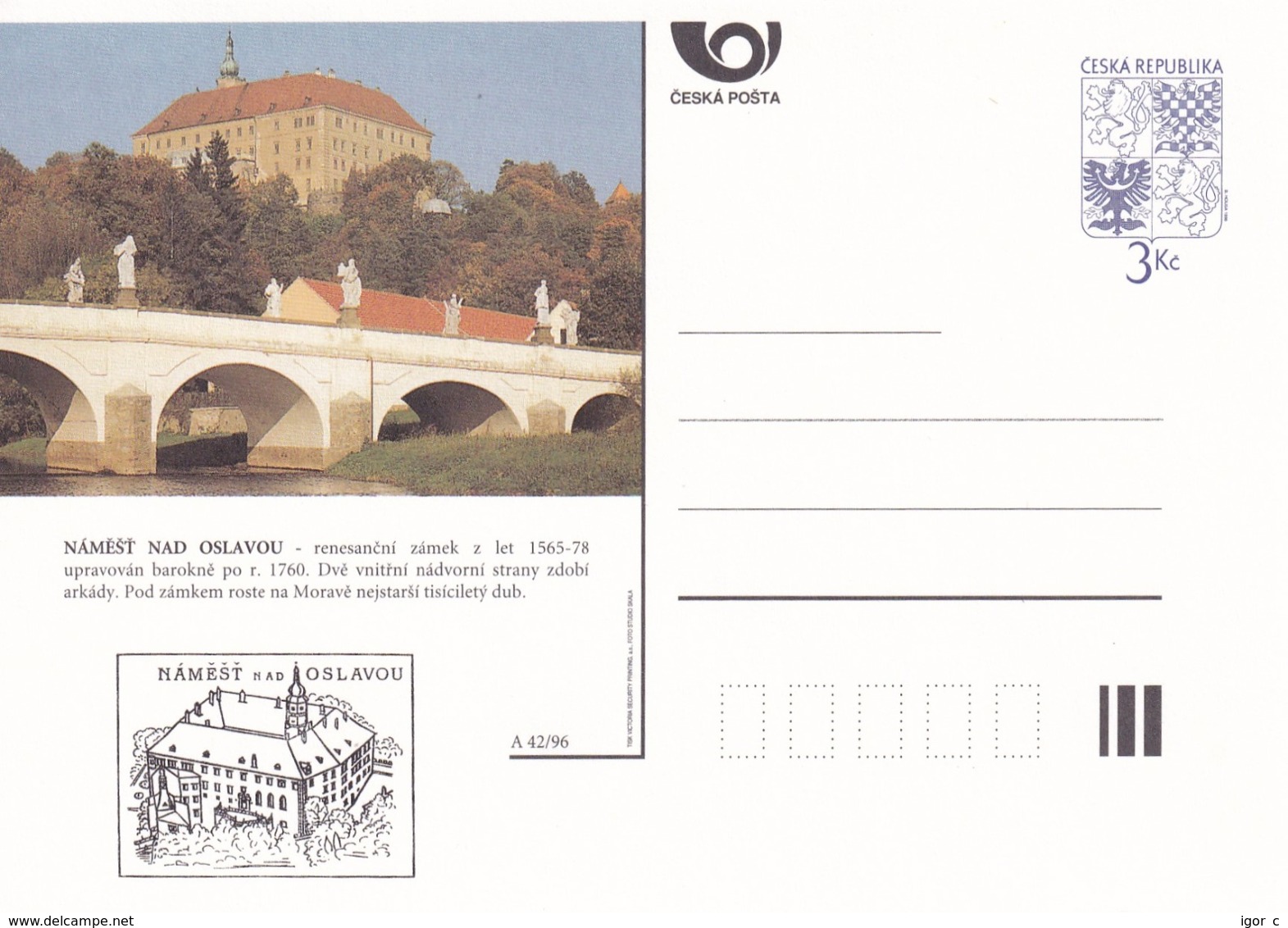 Czech Republic 1996 Postal Stationery Card: Architecture Castle Lion Eagle; NAMEST NAD OSLAVOU A42/96; Bridge - Sonstige & Ohne Zuordnung