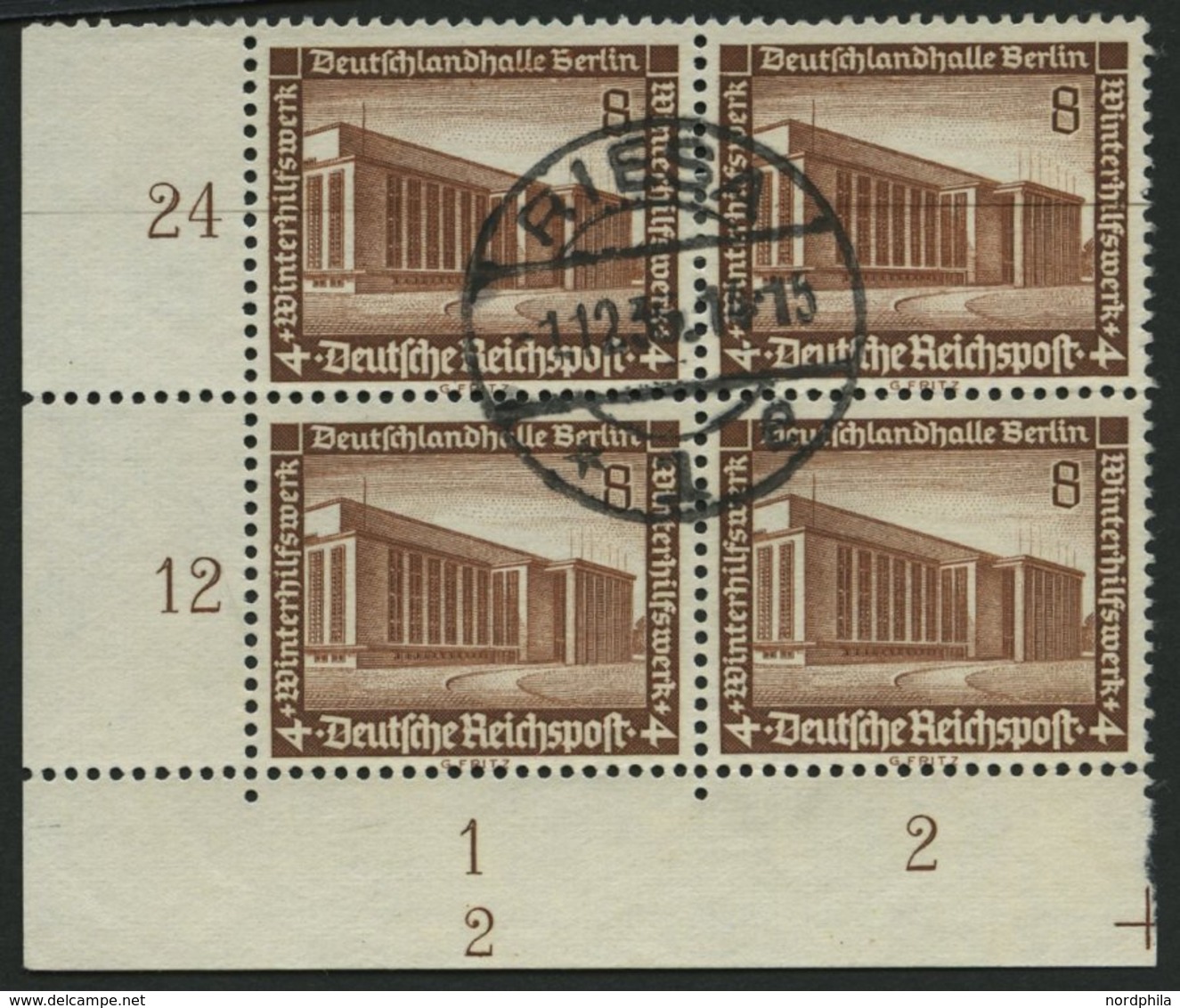 Dt. Reich 638 VB O, 1936, 8 Pf. Deutschlandhalle Im Viererblock Aus Der Linken Unteren Bogenecke Mit Form-Nr. 2, Pracht - Andere & Zonder Classificatie