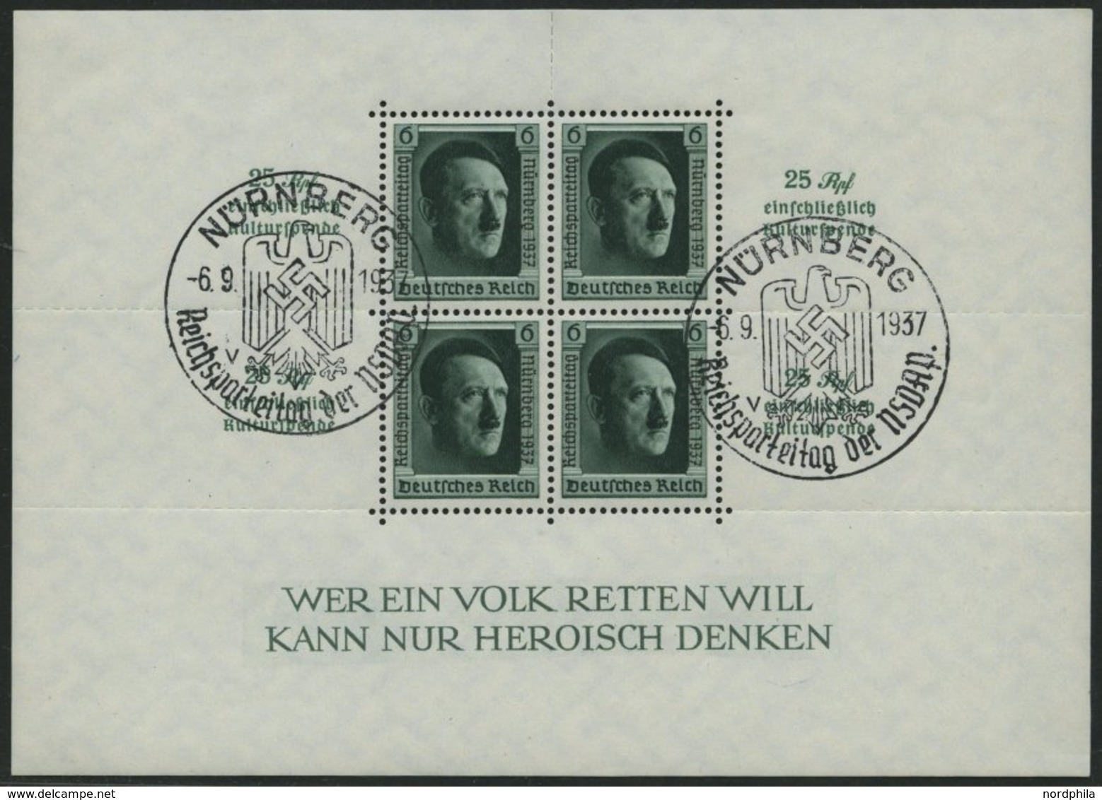 Dt. Reich Bl. 11 O, 1937, Block Reichsparteitag, Sonderstempel, Pracht, Mi. 60.- - Andere & Zonder Classificatie