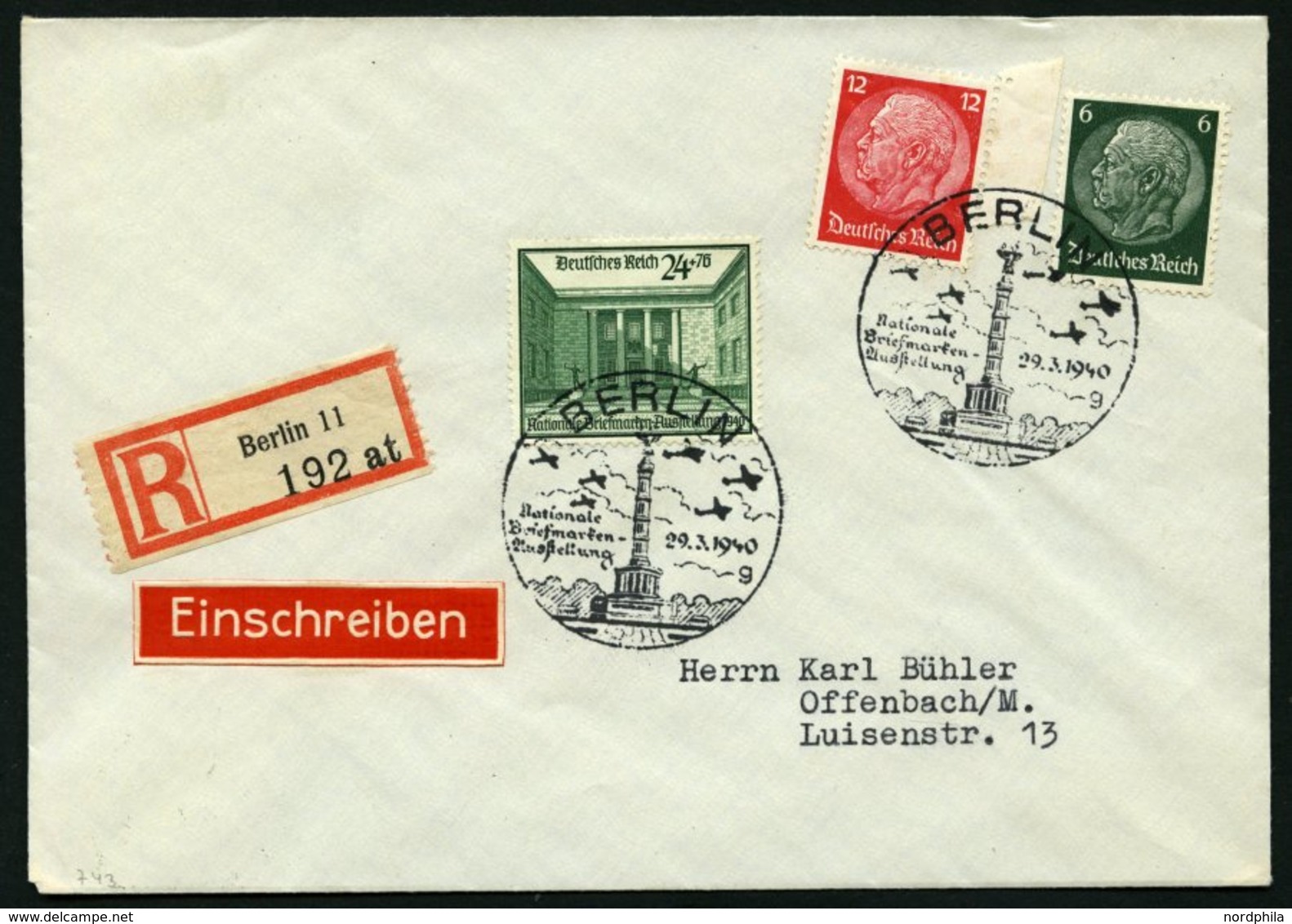 Dt. Reich 743 BRIEF, 1940, 24 Pf. Briefmarkenausstellung Mit Zusatzfrankatur Auf Einschreibbrief, Sonderstempel Vom 29.3 - Andere & Zonder Classificatie